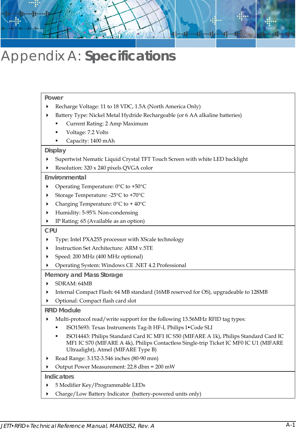  JETT&bull;RFID+ Technical Reference Manual, MAN0352, Rev. A  A-1Appendix A: Specifications Power   Recharge Voltage: 11 to 18 VDC, 1.5A (North America Only)  Battery Type: Nickel Metal Hydride Rechargeable (or 6 AA alkaline batteries)  Current Rating: 2 Amp Maximum  Voltage: 7.2 Volts  Capacity: 1400 mAh Display  Supertwist Nematic Liquid Crystal TFT Touch Screen with white LED backlight  Resolution: 320 x 240 pixels QVGA color  Environmental  Operating Temperature: 0&deg;C to +50&deg;C  Storage Temperature: -25&deg;C to +70&deg;C   Charging Temperature: 0&deg;C to + 40&deg;C   Humidity: 5-95% Non-condensing  IP Rating: 65 (Available as an option) CPU  Type: Intel PXA255 processor with XScale technology  Instruction Set Architecture: ARM v.5TE  Speed: 200 MHz (400 MHz optional)  Operating System: Windows CE .NET 4.2 Professional Memory and Mass Storage   SDRAM: 64MB  Internal Compact Flash: 64 MB standard (16MB reserved for OS), upgradeable to 128MB  Optional: Compact flash card slot RFID Module  Multi-protocol read/write support for the following 13.56MHz RFID tag types:  ISO15693: Texas Instruments Tag-It HF-I, Philips I&bull;Code SLI   ISO14443: Philips Standard Card IC MF1 IC S50 (MIFARE A 1k), Philips Standard Card IC MF1 IC S70 (MIFARE A 4k), Philips Contactless Single-trip Ticket IC MF0 IC U1 (MIFARE Ultraalight), Atmel (MIFARE Type B)  Read Range: 3.152-3.546 inches (80-90 mm)  Output Power Measurement: 22.8 dbm = 200 mW Indicators   5 Modifier Key/Programmable LEDs  Charge/Low Battery Indicator  (battery-powered units only) 
