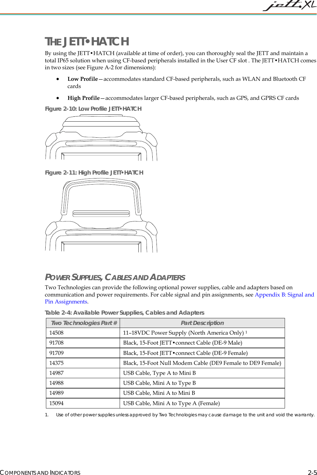  COMPONENTS AND INDICATORS 2-5 THE JETT&bull;HATCH By using the JETT&bull;HATCH (available at time of order), you can thoroughly seal the JETT and maintain a total IP65 solution when using CF-based peripherals installed in the User CF slot . The JETT&bull;HATCH comes in two sizes (see Figure A-2 for dimensions): &bull; Low Profile&mdash;accommodates standard CF-based peripherals, such as WLAN and Bluetooth CF cards &bull; High Profile&mdash;accommodates larger CF-based peripherals, such as GPS, and GPRS CF cards Figure 2-10: Low Profile JETT&bull;HATCH   Figure 2-11: High Profile JETT&bull;HATCH    POWER SUPPLIES, CABLES AND ADAPTERS  Two Technologies can provide the following optional power supplies, cable and adapters based on communication and power requirements. For cable signal and pin assignments, see Appendix B: Signal and Pin Assignments. Table 2-4: Available Power Supplies, Cables and Adapters   Two Technologies Part #  Part Description 14508  11&ndash;18VDC Power Supply (North America Only) 1 91708  Black, 15-Foot JETT&bull;connect Cable (DE-9 Male) 91709  Black, 15-Foot JETT&bull;connect Cable (DE-9 Female) 14375  Black, 15-Foot Null Modem Cable (DE9 Female to DE9 Female)  14987  USB Cable, Type A to Mini B 14988  USB Cable, Mini A to Type B 14989  USB Cable, Mini A to Mini B 15094  USB Cable, Mini A to Type A (Female) 1. Use of other power supplies unless approved by Two Technologies may cause damage to the unit and void the warranty.  
