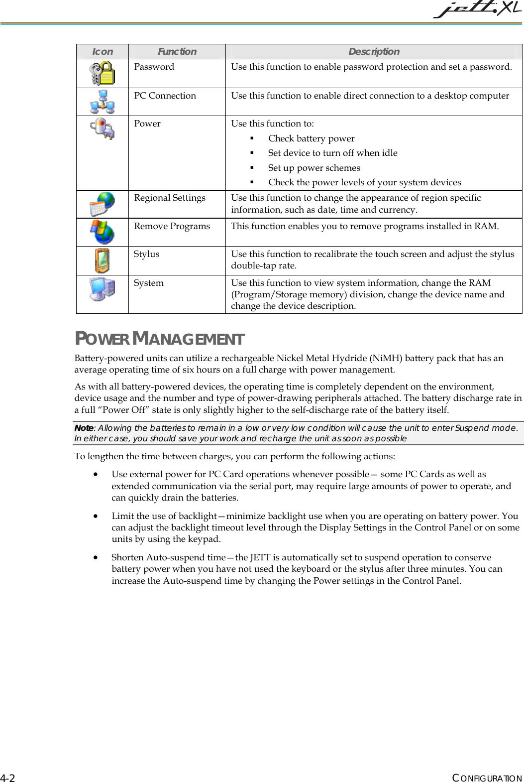  CONFIGURATION 4-2 Icon  Function  Description  Password  Use this function to enable password protection and set a password.  PC Connection  Use this function to enable direct connection to a desktop computer  Power  Use this function to:  Check battery power  Set device to turn off when idle  Set up power schemes  Check the power levels of your system devices  Regional Settings  Use this function to change the appearance of region specific information, such as date, time and currency.  Remove Programs  This function enables you to remove programs installed in RAM.   Stylus  Use this function to recalibrate the touch screen and adjust the stylus double-tap rate.  System  Use this function to view system information, change the RAM (Program/Storage memory) division, change the device name and change the device description. POWER MANAGEMENT Battery-powered units can utilize a rechargeable Nickel Metal Hydride (NiMH) battery pack that has an average operating time of six hours on a full charge with power management.  As with all battery-powered devices, the operating time is completely dependent on the environment, device usage and the number and type of power-drawing peripherals attached. The battery discharge rate in a full &ldquo;Power Off&rdquo; state is only slightly higher to the self-discharge rate of the battery itself. Note: Allowing the batteries to remain in a low or very low condition will cause the unit to enter Suspend mode. In either case, you should save your work and recharge the unit as soon as possible To lengthen the time between charges, you can perform the following actions: &bull; Use external power for PC Card operations whenever possible&mdash; some PC Cards as well as extended communication via the serial port, may require large amounts of power to operate, and can quickly drain the batteries. &bull; Limit the use of backlight&mdash;minimize backlight use when you are operating on battery power. You can adjust the backlight timeout level through the Display Settings in the Control Panel or on some units by using the keypad. &bull; Shorten Auto-suspend time&mdash;the JETT is automatically set to suspend operation to conserve battery power when you have not used the keyboard or the stylus after three minutes. You can increase the Auto-suspend time by changing the Power settings in the Control Panel.  