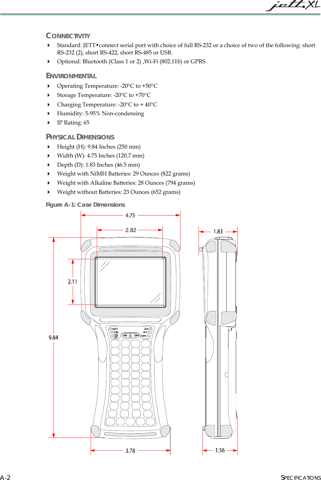  SPECIFICATIONS A-2 CONNECTIVITY  Standard: JETT&bull;connect serial port with choice of full RS-232 or a choice of two of the following: short RS-232 (2), short RS-422, short RS-485 or USB.  Optional: Bluetooth (Class 1 or 2) ,Wi-Fi (802.11b) or GPRS ENVIRONMENTAL  Operating Temperature: -20&deg;C to +50&deg;C  Storage Temperature: -20&deg;C to +70&deg;C   Charging Temperature: -20&deg;C to + 40&deg;C   Humidity: 5-95% Non-condensing  IP Rating: 65 PHYSICAL DIMENSIONS  Height (H): 9.84 Inches (250 mm)  Width (W): 4.75 Inches (120.7 mm)  Depth (D): 1.83 Inches (46.5 mm)  Weight with NiMH Batteries: 29 Ounces (822 grams)   Weight with Alkaline Batteries: 28 Ounces (794 grams)  Weight without Batteries: 23 Ounces (652 grams) Figure A-1: Case Dimensions 2.82 