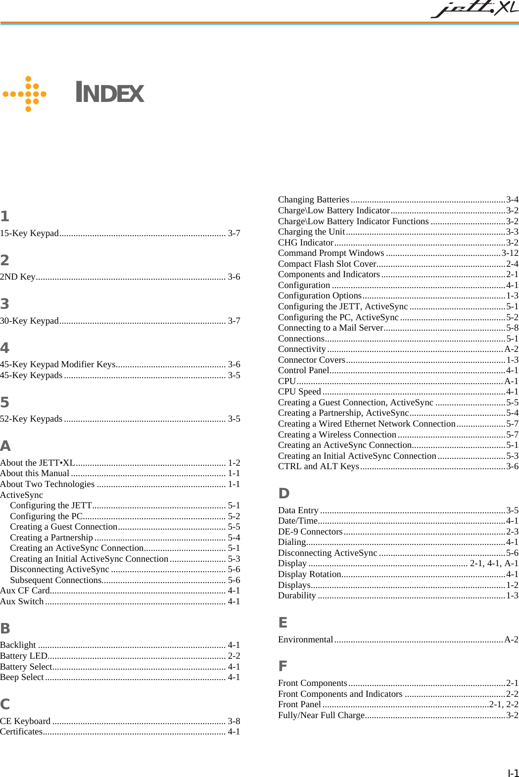   I-1    INDEX  1 15-Key Keypad....................................................................... 3-7 2 2ND Key................................................................................. 3-6 3 30-Key Keypad....................................................................... 3-7 4 45-Key Keypad Modifier Keys............................................... 3-6 45-Key Keypads..................................................................... 3-5 5 52-Key Keypads..................................................................... 3-5 A About the JETT&bull;XL................................................................ 1-2 About this Manual .................................................................. 1-1 About Two Technologies ....................................................... 1-1 ActiveSync Configuring the JETT......................................................... 5-1 Configuring the PC............................................................. 5-2 Creating a Guest Connection.............................................. 5-5 Creating a Partnership........................................................ 5-4 Creating an ActiveSync Connection................................... 5-1 Creating an Initial ActiveSync Connection........................ 5-3 Disconnecting ActiveSync ................................................. 5-6 Subsequent Connections..................................................... 5-6 Aux CF Card........................................................................... 4-1 Aux Switch............................................................................. 4-1 B Backlight ................................................................................ 4-1 Battery LED............................................................................ 2-2 Battery Select.......................................................................... 4-1 Beep Select............................................................................. 4-1 C CE Keyboard .......................................................................... 3-8 Certificates.............................................................................. 4-1 Changing Batteries..................................................................3-4 Charge\Low Battery Indicator.................................................3-2 Charge\Low Battery Indicator Functions ................................3-2 Charging the Unit....................................................................3-3 CHG Indicator.........................................................................3-2 Command Prompt Windows .................................................3-12 Compact Flash Slot Cover.......................................................2-4 Components and Indicators.....................................................2-1 Configuration ..........................................................................4-1 Configuration Options.............................................................1-3 Configuring the JETT, ActiveSync.........................................5-1 Configuring the PC, ActiveSync.............................................5-2 Connecting to a Mail Server....................................................5-8 Connections.............................................................................5-1 Connectivity...........................................................................A-2 Connector Covers....................................................................1-3 Control Panel...........................................................................4-1 CPU........................................................................................A-1 CPU Speed..............................................................................4-1 Creating a Guest Connection, ActiveSync ..............................5-5 Creating a Partnership, ActiveSync.........................................5-4 Creating a Wired Ethernet Network Connection.....................5-7 Creating a Wireless Connection..............................................5-7 Creating an ActiveSync Connection........................................5-1 Creating an Initial ActiveSync Connection.............................5-3 CTRL and ALT Keys..............................................................3-6 D Data Entry...............................................................................3-5 Date/Time................................................................................4-1 DE-9 Connectors.....................................................................2-3 Dialing.....................................................................................4-1 Disconnecting ActiveSync ......................................................5-6 Display.................................................................... 2-1, 4-1, A-1 Display Rotation......................................................................4-1 Displays...................................................................................1-2 Durability................................................................................1-3 E Environmental........................................................................A-2 F Front Components...................................................................2-1 Front Components and Indicators ...........................................2-2 Front Panel.......................................................................2-1, 2-2 Fully/Near Full Charge............................................................3-2 