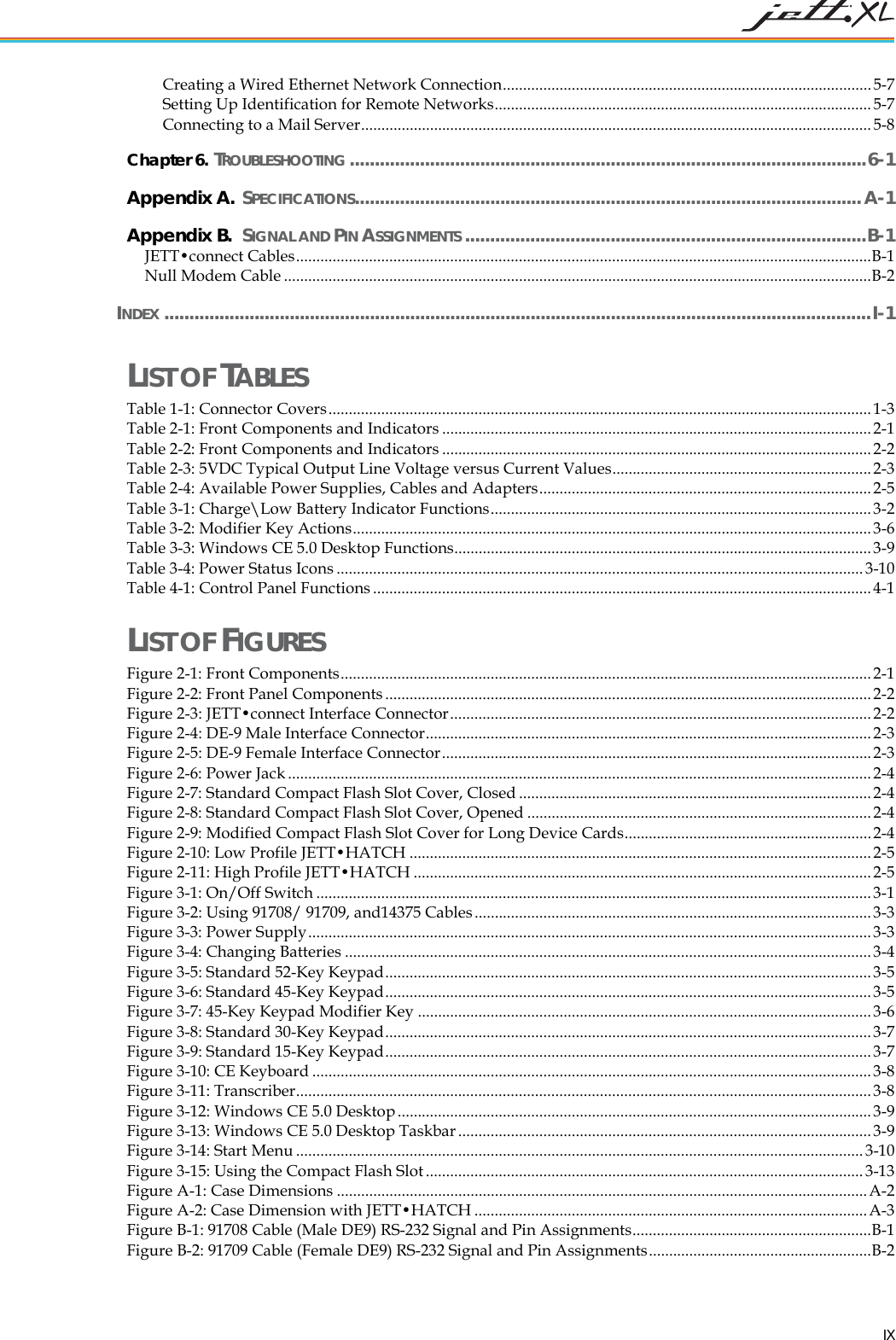  IX Creating a Wired Ethernet Network Connection........................................................................................... 5-7 Setting Up Identification for Remote Networks.............................................................................................5-7 Connecting to a Mail Server..............................................................................................................................5-8 Chapter 6. TROUBLESHOOTING .......................................................................................................6-1 Appendix A. SPECIFICATIONS..................................................................................................... A-1 Appendix B. SIGNAL AND PIN ASSIGNMENTS ................................................................................128HB-1 63HJETT&bull;connect Cables..............................................................................................................................................129HB-1 64HNull Modem Cable .................................................................................................................................................130HB-2  65H INDEX .............................................................................................................................................131HI-1  LIST OF TABLES Table 1-1: Connector Covers...................................................................................................................................... 132H1-3 Table 2-1: Front Components and Indicators ..........................................................................................................133H2-1 Table 2-2: Front Components and Indicators ..........................................................................................................134H2-2 Table 2-3: 5VDC Typical Output Line Voltage versus Current Values................................................................135H2-3 Table 2-4: Available Power Supplies, Cables and Adapters.................................................................................. 136H2-5 Table 3-1: Charge\Low Battery Indicator Functions.............................................................................................. 137H3-2 Table 3-2: Modifier Key Actions................................................................................................................................ 138H3-6 Table 3-3: Windows CE 5.0 Desktop Functions....................................................................................................... 139H3-9 Table 3-4: Power Status Icons .................................................................................................................................. 140H3-10 Table 4-1: Control Panel Functions ...........................................................................................................................141H4-1 LIST OF FIGURES Figure 2-1: Front Components................................................................................................................................... 142H2-1 Figure 2-2: Front Panel Components........................................................................................................................143H2-2 Figure 2-3: JETT&bull;connect Interface Connector........................................................................................................ 144H2-2 Figure 2-4: DE-9 Male Interface Connector.............................................................................................................. 145H2-3 Figure 2-5: DE-9 Female Interface Connector..........................................................................................................146H2-3 Figure 2-6: Power Jack ................................................................................................................................................147H2-4 Figure 2-7: Standard Compact Flash Slot Cover, Closed ....................................................................................... 148H2-4 Figure 2-8: Standard Compact Flash Slot Cover, Opened .....................................................................................149H2-4 Figure 2-9: Modified Compact Flash Slot Cover for Long Device Cards.............................................................150H2-4 Figure 2-10: Low Profile JETT&bull;HATCH ..................................................................................................................151H2-5 Figure 2-11: High Profile JETT&bull;HATCH .................................................................................................................152H2-5 Figure 3-1: On/Off Switch ......................................................................................................................................... 153H3-1 Figure 3-2: Using 91708/ 91709, and14375 Cables..................................................................................................154H3-3 Figure 3-3: Power Supply...........................................................................................................................................155H3-3 Figure 3-4: Changing Batteries .................................................................................................................................. 156H3-4 Figure 3-5: Standard 52-Key Keypad........................................................................................................................157H3-5 Figure 3-6: Standard 45-Key Keypad........................................................................................................................158H3-5 Figure 3-7: 45-Key Keypad Modifier Key ................................................................................................................159H3-6 Figure 3-8: Standard 30-Key Keypad........................................................................................................................160H3-7 Figure 3-9: Standard 15-Key Keypad........................................................................................................................161H3-7 Figure 3-10: CE Keyboard .......................................................................................................................................... 162H3-8 Figure 3-11: Transcriber.............................................................................................................................................. 163H3-8 Figure 3-12: Windows CE 5.0 Desktop .....................................................................................................................164H3-9 Figure 3-13: Windows CE 5.0 Desktop Taskbar ......................................................................................................165H3-9 Figure 3-14: Start Menu ............................................................................................................................................ 166H3-10 Figure 3-15: Using the Compact Flash Slot............................................................................................................ 167H3-13 Figure A-1: Case Dimensions ...................................................................................................................................168HA-2 Figure A-2: Case Dimension with JETT&bull;HATCH .................................................................................................169HA-3 Figure B-1: 91708 Cable (Male DE9) RS-232 Signal and Pin Assignments...........................................................170HB-1 Figure B-2: 91709 Cable (Female DE9) RS-232 Signal and Pin Assignments.......................................................171HB-2 