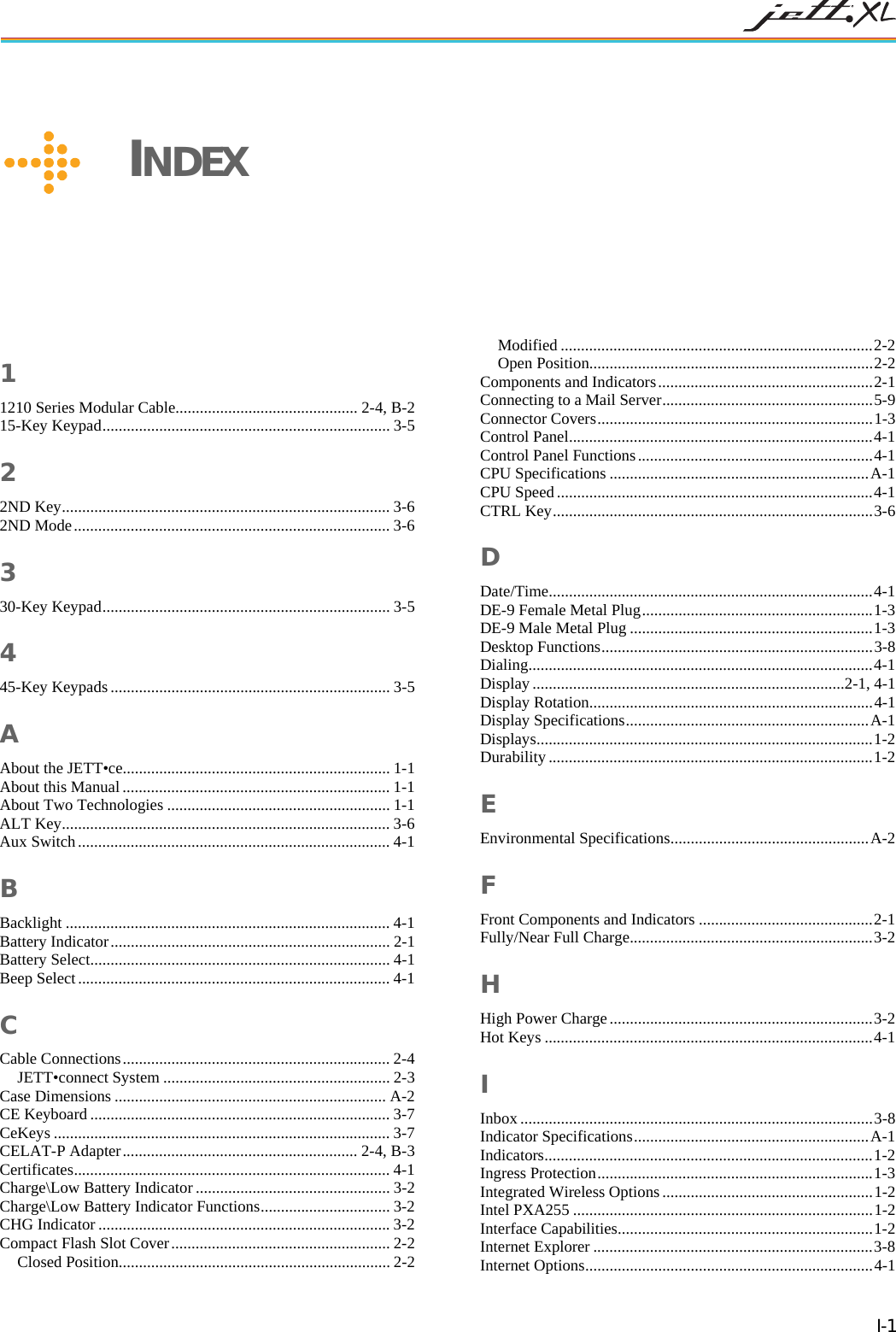 INDEX 1 1210 Series Modular Cable............................................. 2-4, B-2 15-Key Keypad....................................................................... 3-5 2 2ND Key................................................................................. 3-6 2ND Mode.............................................................................. 3-6 3 30-Key Keypad....................................................................... 3-5 4 45-Key Keypads..................................................................... 3-5 A About the JETT•ce.................................................................. 1-1 About this Manual .................................................................. 1-1 About Two Technologies ....................................................... 1-1 ALT Key................................................................................. 3-6 Aux Switch............................................................................. 4-1 B Backlight ................................................................................ 4-1 Battery Indicator..................................................................... 2-1 Battery Select.......................................................................... 4-1 Beep Select............................................................................. 4-1 C Cable Connections.................................................................. 2-4 JETT•connect System ........................................................ 2-3 Case Dimensions ................................................................... A-2 CE Keyboard .......................................................................... 3-7 CeKeys ................................................................................... 3-7 CELAT-P Adapter.......................................................... 2-4, B-3 Certificates.............................................................................. 4-1 Charge\Low Battery Indicator ................................................ 3-2 Charge\Low Battery Indicator Functions................................ 3-2 CHG Indicator ........................................................................ 3-2 Compact Flash Slot Cover...................................................... 2-2 Closed Position................................................................... 2-2 Modified .............................................................................2-2 Open Position......................................................................2-2 Components and Indicators.....................................................2-1 Connecting to a Mail Server....................................................5-9 Connector Covers....................................................................1-3 Control Panel...........................................................................4-1 Control Panel Functions..........................................................4-1 CPU Specifications ................................................................A-1 CPU Speed..............................................................................4-1 CTRL Key...............................................................................3-6 D Date/Time................................................................................4-1 DE-9 Female Metal Plug.........................................................1-3 DE-9 Male Metal Plug ............................................................1-3 Desktop Functions...................................................................3-8 Dialing.....................................................................................4-1 Display .............................................................................2-1, 4-1 Display Rotation......................................................................4-1 Display Specifications............................................................A-1 Displays...................................................................................1-2 Durability ................................................................................1-2 E Environmental Specifications.................................................A-2 F Front Components and Indicators ...........................................2-1 Fully/Near Full Charge............................................................3-2 H High Power Charge.................................................................3-2 Hot Keys .................................................................................4-1 I Inbox .......................................................................................3-8 Indicator Specifications..........................................................A-1 Indicators.................................................................................1-2 Ingress Protection....................................................................1-3 Integrated Wireless Options....................................................1-2 Intel PXA255 ..........................................................................1-2 Interface Capabilities...............................................................1-2 Internet Explorer .....................................................................3-8 Internet Options.......................................................................4-1 I-1