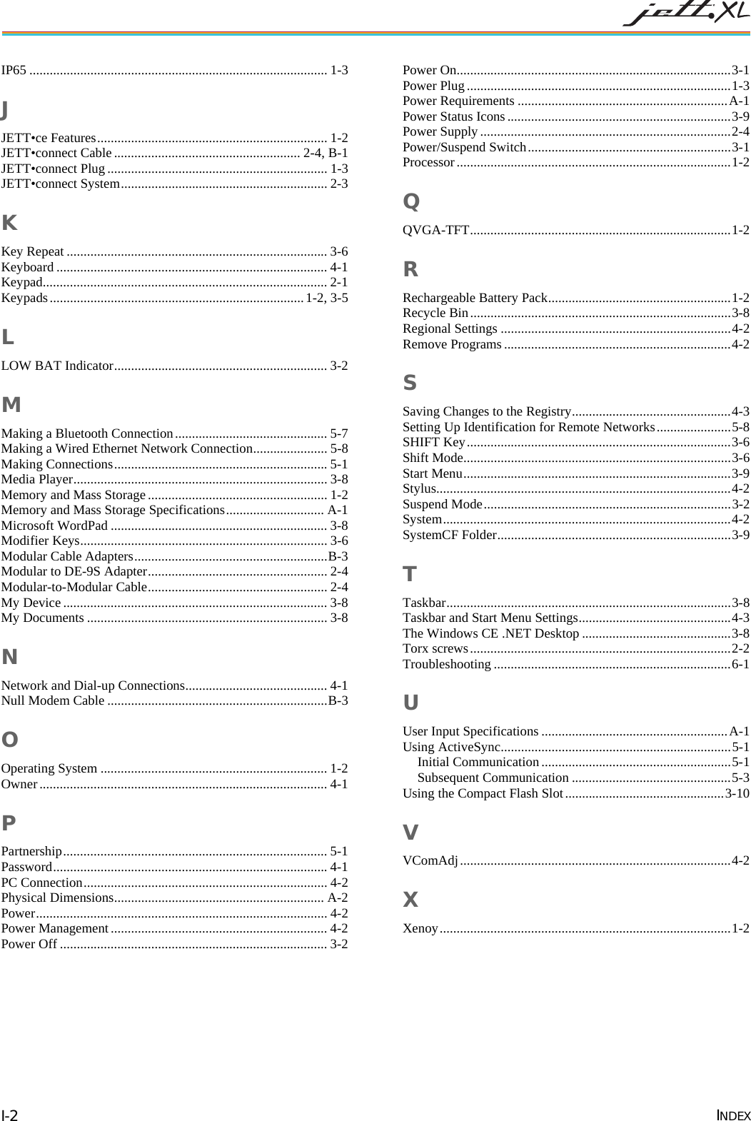 IP65 ........................................................................................ 1-3 J JETT•ce Features.................................................................... 1-2 JETT•connect Cable ....................................................... 2-4, B-1 JETT•connect Plug ................................................................. 1-3 JETT•connect System............................................................. 2-3 K Key Repeat ............................................................................. 3-6 Keyboard ................................................................................ 4-1 Keypad.................................................................................... 2-1 Keypads........................................................................... 1-2, 3-5 L LOW BAT Indicator............................................................... 3-2 M Making a Bluetooth Connection............................................. 5-7 Making a Wired Ethernet Network Connection...................... 5-8 Making Connections............................................................... 5-1 Media Player........................................................................... 3-8 Memory and Mass Storage ..................................................... 1-2 Memory and Mass Storage Specifications............................. A-1 Microsoft WordPad ................................................................ 3-8 Modifier Keys......................................................................... 3-6 Modular Cable Adapters.........................................................B-3 Modular to DE-9S Adapter..................................................... 2-4 Modular-to-Modular Cable..................................................... 2-4 My Device.............................................................................. 3-8 My Documents ....................................................................... 3-8 N Network and Dial-up Connections.......................................... 4-1 Null Modem Cable .................................................................B-3 O Operating System ................................................................... 1-2 Owner..................................................................................... 4-1 P Partnership.............................................................................. 5-1 Password................................................................................. 4-1 PC Connection........................................................................ 4-2 Physical Dimensions.............................................................. A-2 Power...................................................................................... 4-2 Power Management................................................................ 4-2 Power Off ............................................................................... 3-2 Power On.................................................................................3-1 Power Plug..............................................................................1-3 Power Requirements ..............................................................A-1 Power Status Icons ..................................................................3-9 Power Supply ..........................................................................2-4 Power/Suspend Switch............................................................3-1 Processor.................................................................................1-2 Q QVGA-TFT.............................................................................1-2 R Rechargeable Battery Pack......................................................1-2 Recycle Bin.............................................................................3-8 Regional Settings ....................................................................4-2 Remove Programs...................................................................4-2 S Saving Changes to the Registry...............................................4-3 Setting Up Identification for Remote Networks......................5-8 SHIFT Key..............................................................................3-6 Shift Mode...............................................................................3-6 Start Menu...............................................................................3-9 Stylus.......................................................................................4-2 Suspend Mode.........................................................................3-2 System.....................................................................................4-2 SystemCF Folder.....................................................................3-9 T Taskbar....................................................................................3-8 Taskbar and Start Menu Settings.............................................4-3 The Windows CE .NET Desktop ............................................3-8 Torx screws.............................................................................2-2 Troubleshooting ......................................................................6-1 U User Input Specifications .......................................................A-1 Using ActiveSync....................................................................5-1 Initial Communication........................................................5-1 Subsequent Communication ...............................................5-3 Using the Compact Flash Slot...............................................3-10 V VComAdj................................................................................4-2 X Xenoy......................................................................................1-2 INDEX I-2