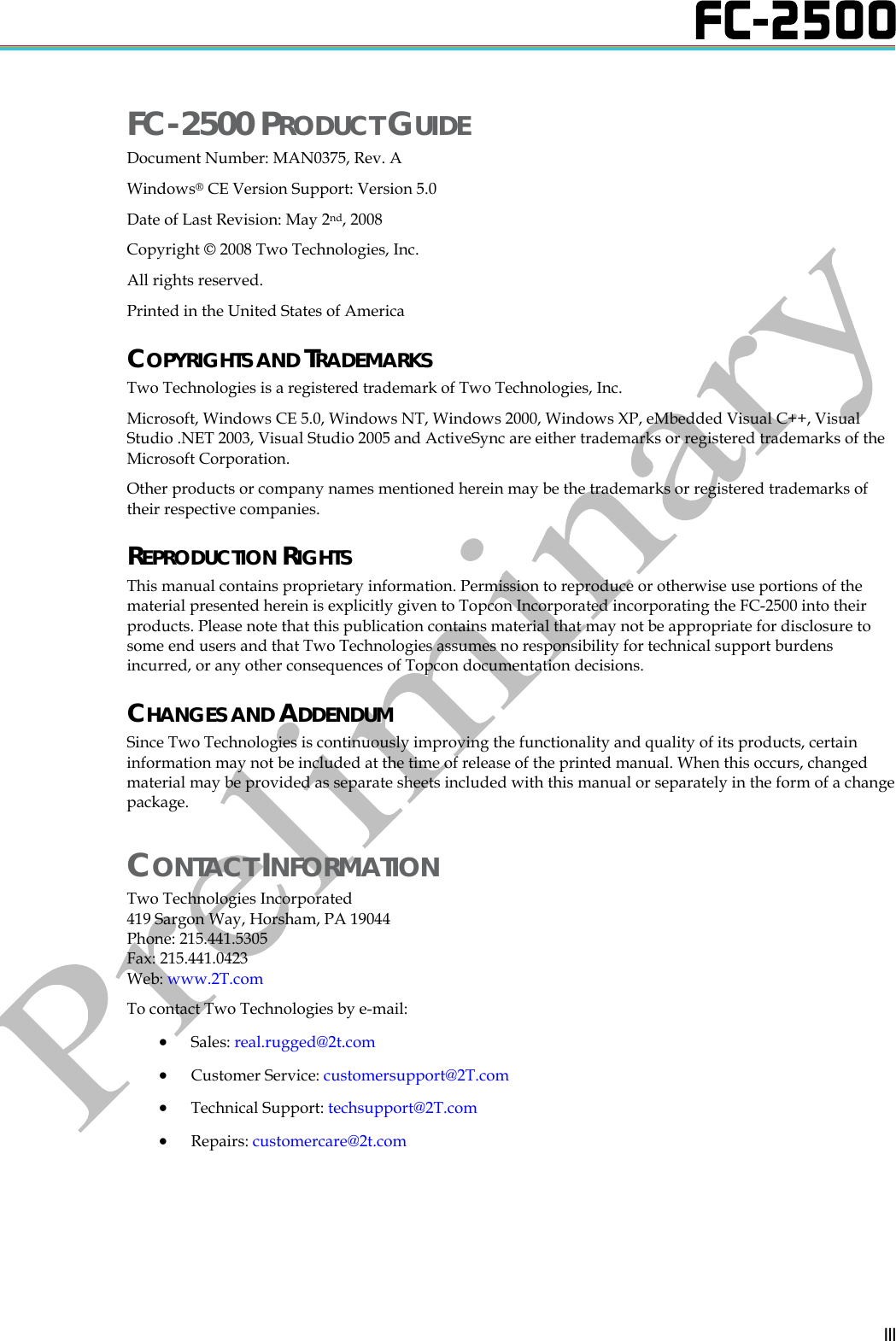 Page 3 of Two Technologies PLAT2008 Commercial / Industrial Handheld Computer User Manual manual p1