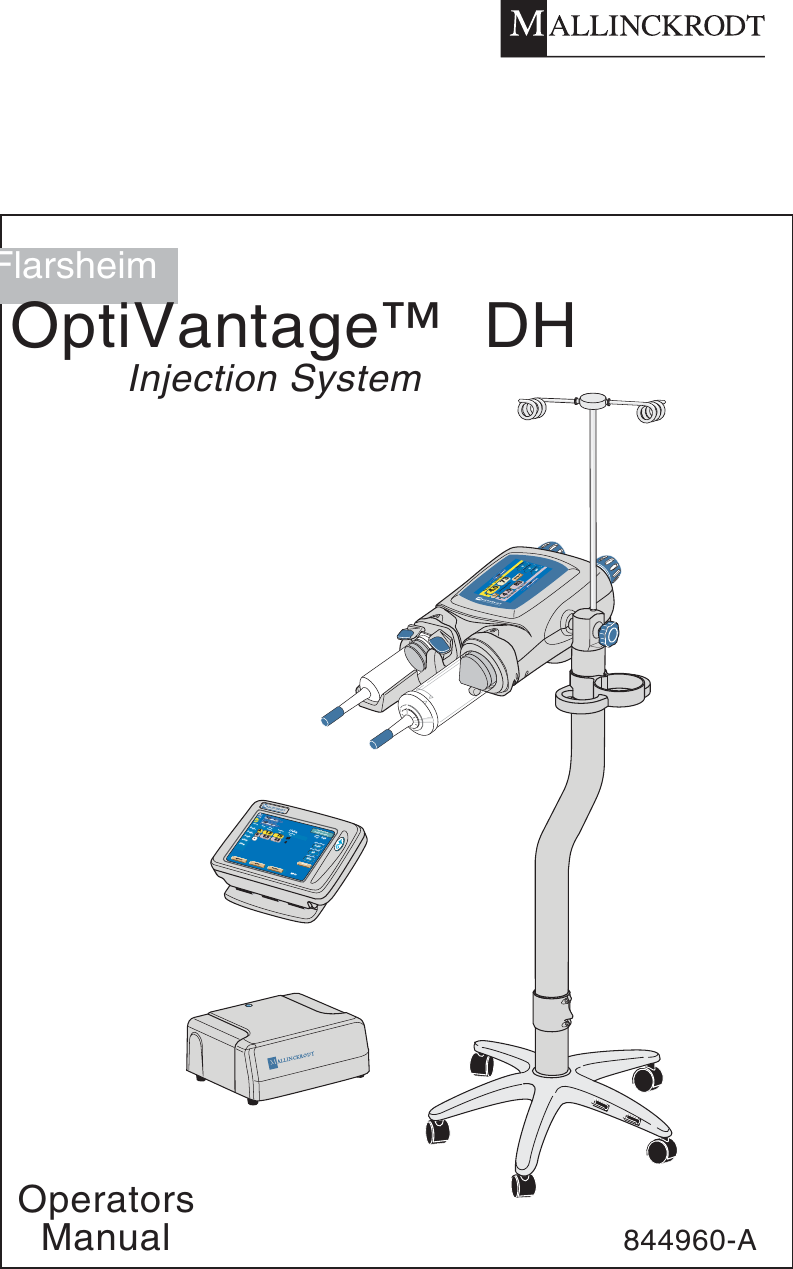 Injection SystemOperators  ManualLiebel-FlarsheimOptiVantage™  DH844960-APhase        Side        Flow            Volume           Duration                                ml/sec               ml                  sec   PH1:PH2:PH4:PH5:PH6:TotalTimeInject DelayScan DelayPeak PSI258Main4461.5705.523AB-Setup ResultsMemoryEnableA:125B:125121    ml121    ml300300:00Check for air insyringe and tubingLIVERInject DelayLiver ExaminationABFlow (ml/sec)      Volume (ml)Flow (ml/sec)      Volume (ml)73AA1584.04.0 83Scan DelayPeak PSI1580020Enable