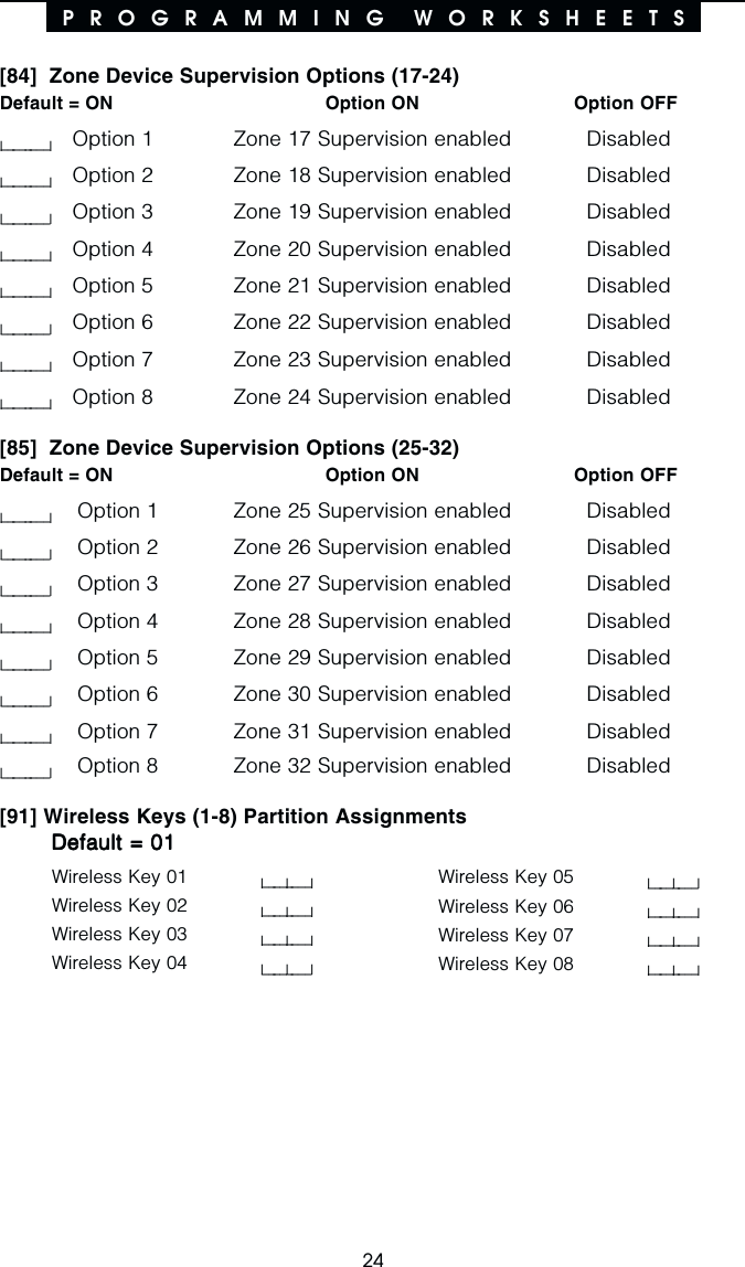24P  R  O  G  R  A  M  M  I  N  G    W  O  R  K  S  H  E  E  T  S[84]  Zone Device Supervision Options (17-24)Default = ON Option ON Option OFFl________lOption 1 Zone 17 Supervision enabled Disabledl________lOption 2 Zone 18 Supervision enabled Disabledl________lOption 3 Zone 19 Supervision enabled Disabledl________lOption 4 Zone 20 Supervision enabled Disabledl________lOption 5 Zone 21 Supervision enabled Disabledl________lOption 6 Zone 22 Supervision enabled Disabledl________lOption 7 Zone 23 Supervision enabled Disabledl________lOption 8 Zone 24 Supervision enabled Disabled[85]  Zone Device Supervision Options (25-32)Default = ON Option ON Option OFFl________lOption 1 Zone 25 Supervision enabled Disabledl________lOption 2 Zone 26 Supervision enabled Disabledl________lOption 3 Zone 27 Supervision enabled Disabledl________lOption 4 Zone 28 Supervision enabled Disabledl________lOption 5 Zone 29 Supervision enabled Disabledl________lOption 6 Zone 30 Supervision enabled Disabledl________lOption 7 Zone 31 Supervision enabled Disabledl________lOption 8 Zone 32 Supervision enabled Disabled[91] Wireless Keys (1-8) Partition AssignmentsDefault = 01Default = 01Default = 01Default = 01Default = 01Wireless Key 01 l____l____lWireless Key 02 l____l____lWireless Key 03 l____l____lWireless Key 04 l____l____lWireless Key 05 l____l____lWireless Key 06 l____l____lWireless Key 07 l____l____lWireless Key 08 l____l____l