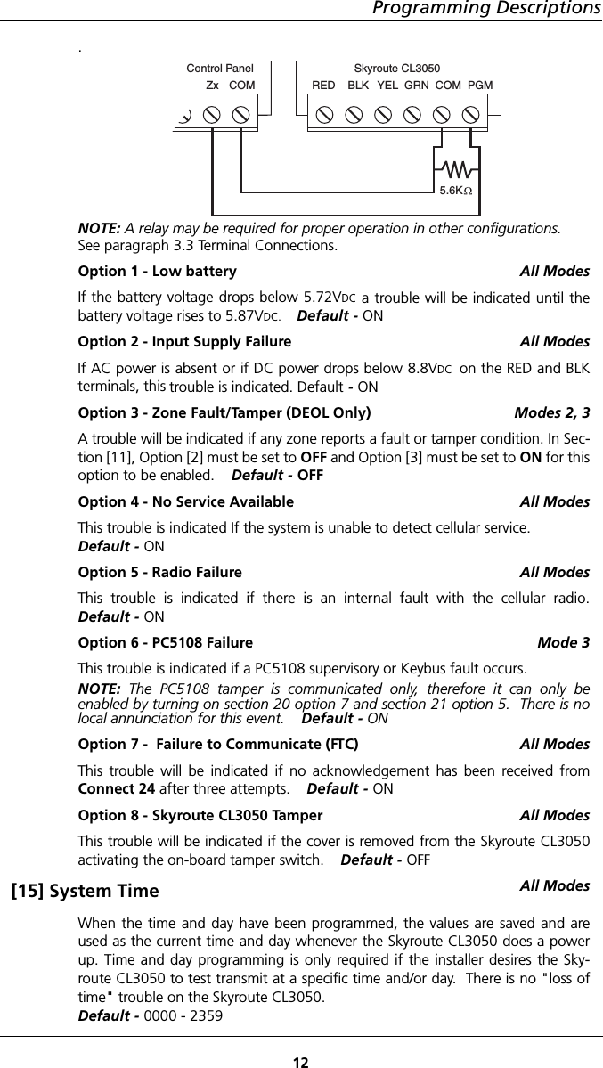 12Programming Descriptions.NOTE: A relay may be required for proper operation in other configurations. See paragraph 3.3 Terminal Connections.Option 1 - Low battery All ModesIf the battery voltage drops below 5.72VDC a trouble will be indicated until thebattery voltage rises to 5.87VDC.     Default - ONOption 2 - Input Supply Failure All ModesIf AC power is absent or if DC power drops below 8.8VDC  on the RED and BLKterminals, this trouble is indicated. Default - ONOption 3 - Zone Fault/Tamper (DEOL Only) Modes 2, 3A trouble will be indicated if any zone reports a fault or tamper condition. In Sec-tion [11], Option [2] must be set to OFF and Option [3] must be set to ON for thisoption to be enabled.    Default - OFFOption 4 - No Service Available All ModesThis trouble is indicated If the system is unable to detect cellular service.Default - ONOption 5 - Radio Failure All ModesThis trouble is indicated if there is an internal fault with the cellular radio.Default - ONOption 6 - PC5108 Failure Mode 3This trouble is indicated if a PC5108 supervisory or Keybus fault occurs. NOTE:  The PC5108 tamper is communicated only, therefore it can only beenabled by turning on section 20 option 7 and section 21 option 5.  There is nolocal annunciation for this event.    Default - ONOption 7 -  Failure to Communicate (FTC) All ModesThis trouble will be indicated if no acknowledgement has been received fromConnect 24 after three attempts.    Default - ONOption 8 - Skyroute CL3050 Tamper All ModesThis trouble will be indicated if the cover is removed from the Skyroute CL3050activating the on-board tamper switch.    Default - OFF[15] System Time All ModesWhen the time and day have been programmed, the values are saved and areused as the current time and day whenever the Skyroute CL3050 does a powerup. Time and day programming is only required if the installer desires the Sky-route CL3050 to test transmit at a specific time and/or day.  There is no &quot;loss oftime&quot; trouble on the Skyroute CL3050.Default - 0000 - 2359Zx COMControl PanelRED    BLK YEL  GRN  COM  PGM5.6KSkyroute CL3050