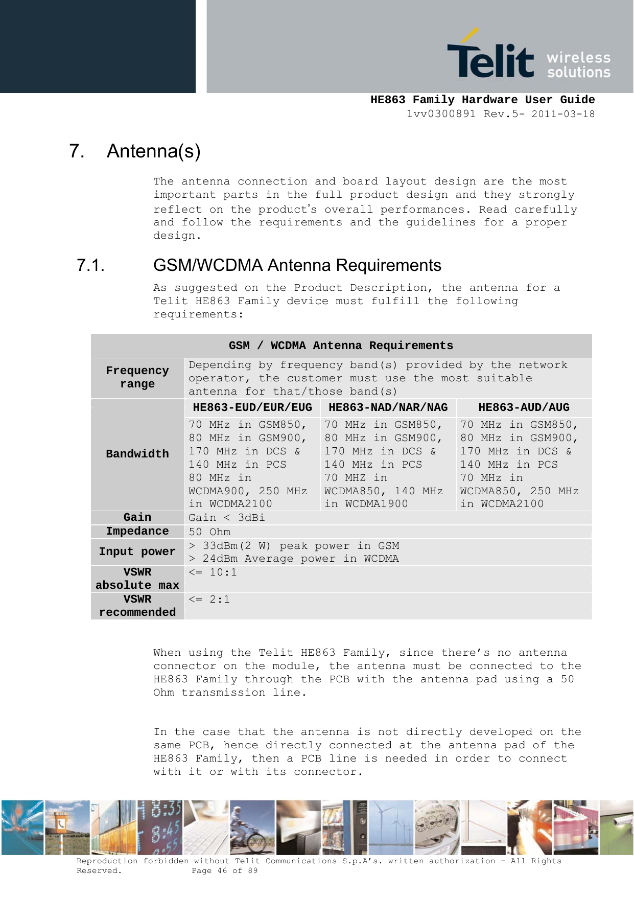     HE863 Family Hardware User Guide 1vv0300891 Rev.5- 2011-03-18    Reproduction forbidden without Telit Communications S.p.A’s. written authorization - All Rights Reserved.    Page 46 of 89  7. Antenna(s) The antenna connection and board layout design are the most important parts in the full product design and they strongly reflect on the product’s overall performances. Read carefully and follow the requirements and the guidelines for a proper design. 7.1. GSM/WCDMA Antenna Requirements As suggested on the Product Description, the antenna for a Telit HE863 Family device must fulfill the following requirements:  When using the Telit HE863 Family, since there’s no antenna connector on the module, the antenna must be connected to the HE863 Family through the PCB with the antenna pad using a 50 Ohm transmission line.  In the case that the antenna is not directly developed on the same PCB, hence directly connected at the antenna pad of the HE863 Family, then a PCB line is needed in order to connect with it or with its connector. GSM / WCDMA Antenna Requirements Frequency range Depending by frequency band(s) provided by the network operator, the customer must use the most suitable antenna for that/those band(s) Bandwidth HE863-EUD/EUR/EUG HE863-NAD/NAR/NAG  HE863-AUD/AUG 70 MHz in GSM850, 80 MHz in GSM900, 170 MHz in DCS &amp; 140 MHz in PCS 80 MHz in WCDMA900, 250 MHz in WCDMA2100 70 MHz in GSM850, 80 MHz in GSM900, 170 MHz in DCS &amp; 140 MHz in PCS 70 MHZ in WCDMA850, 140 MHz in WCDMA1900 70 MHz in GSM850, 80 MHz in GSM900, 170 MHz in DCS &amp; 140 MHz in PCS 70 MHz in WCDMA850, 250 MHz in WCDMA2100 Gain  Gain &lt; 3dBi Impedance  50 Ohm Input power  &gt; 33dBm(2 W) peak power in GSM &gt; 24dBm Average power in WCDMA VSWR absolute max &lt;= 10:1 VSWR recommended &lt;= 2:1 
