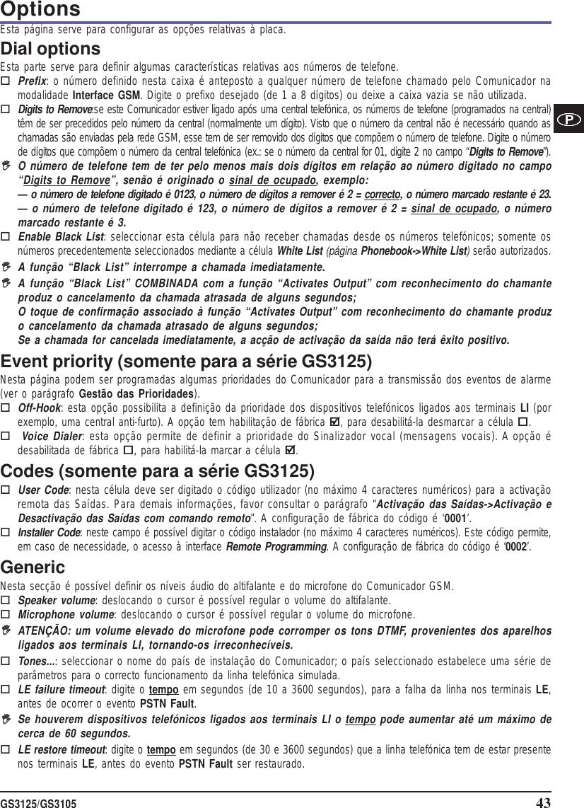 Page 43 of Tyco Safety Canada 12GS3125 GSM/GPRS Alarm Communicator User Manual istisd2wgs3125 1 0 lingue SPA POR ENG pmd