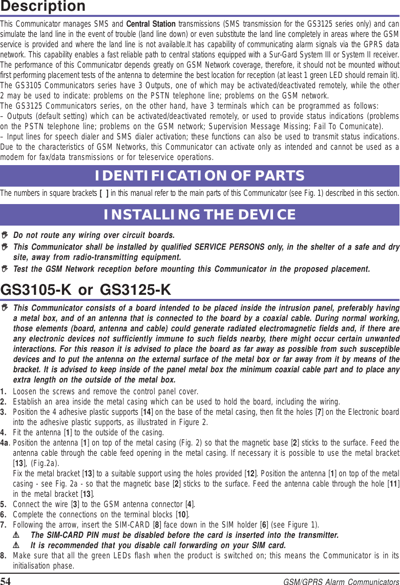 Page 54 of Tyco Safety Canada 12GS3125 GSM/GPRS Alarm Communicator User Manual istisd2wgs3125 1 0 lingue SPA POR ENG pmd