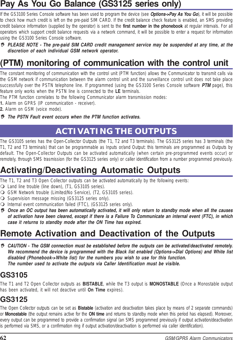 Page 62 of Tyco Safety Canada 12GS3125 GSM/GPRS Alarm Communicator User Manual istisd2wgs3125 1 0 lingue SPA POR ENG pmd