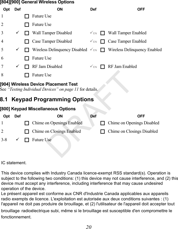 20[804][900] General Wireless OptionsOpt Def ON Def OFF1Future Use2Future Use3Wall Tamper Disabled Wall Tamper Enabled4Case Tamper Disabled Case Tamper Enabled5Wireless Delinquency Disabled Wireless Delinquency Enabled6Future Use7RF Jam Disabled RF Jam Enabled8Future Use[904] Wireless Device Placement TestSee “Testing Individual Devices” on page 11 for details.8.1 Keypad Programming Options[800] Keypad Miscellaneous OptionsOpt Def ON Def OFF1Chime on Openings Enabled Chime on Openings Disabled2Chime on Closings Enabled Chime on Closings Disabled3-8 Future UseEN EN EN EN   DRAFTIC statement.   This device complies with Industry Canada licence-exempt RSS standard(s). Operation is subject to the following two conditions: (1) this device may not cause interference, and (2) this device must accept any interference, including interference that may cause undesired operation of the device. Le présent appareil est conforme aux CNR d&apos;Industrie Canada applicables aux appareils radio exempts de licence. L&apos;exploitation est autorisée aux deux conditions suivantes : (1) l&apos;appareil ne doit pas produire de brouillage, et (2) l&apos;utilisateur de l&apos;appareil doit accepter tout brouillage radioélectrique subi, même si le brouillage est susceptible d&apos;en compromettre le fonctionnement. 