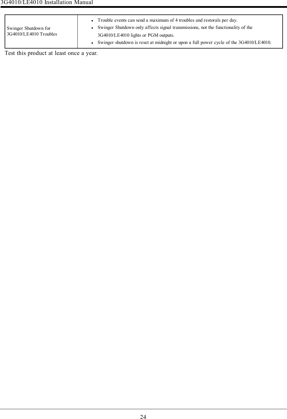 24Swinger Shutdown for3G4010/LE4010 TroubleslTrouble events can send a maximum of 4 troubles and restorals per day.lSwinger Shutdown only affects signal transmissions, not the functionality of the3G4010/LE4010 lights or PGM outputs.lSwinger shutdown is reset at midnight or upon a full power cycle of the 3G4010/LE4010.Test this product at least once a year.3G4010/LE4010 Installation Manual