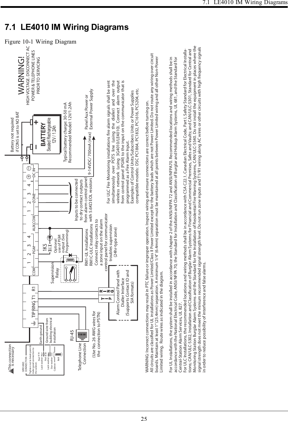 257.1 LE4010 IM Wiring Diagrams7.1 LE4010 IM Wiring DiagramsFigure 10-1 Wiring Diagram541 23 6 7 8 9 10 11 14 15 16 17LELI O1O2 O3 O4+OC1312ASL1 L2 L3 L41K5TIPRING32DC INAUX2 31COM41COMT1 R1TIPRING4PGM ZONE+-RJ-45BATTERYSealed Rechargeable12V / 1.2AhTypical battery charge: 30-50 mARecommended Model: 12V/1.2AhBattery not requiredif CON5 is set to NO BAT9-14VDC/ 700mA (max)Earth-groundGround wire frombuilding electrical installationInputs to be connectedto dry contact outputsfrom alarm control panelwith 5.6KΩ EOL resistors}GROUNDCONNECTIONTighten nut to break paint &amp;make good connection to the cabinet.NutNutBoltLock washerLock washerStar washerCabinetAlarm Control Panel withDialler Interface(Supports Contact ID and SIA formats)Panel Aux Power or External Power Supply Telephone LineConnectionSupervisionRelayRM1-UL InstallationsRM1C-ULC InstallationsConnect relay contacts toa zone input on the alarmcontrol panel for communicatortroubles supervision (24hr-type zone)Optional use of PGMoutput (SeeProgramming)WARNING!HIGH VOLTAGE. DISCONNECT ACPOWER &amp; TELEPHONE LINESPRIOR TO SERVICINGWARNING: Incorrect connections may result in PTC failure or improper operation. Inspect wiring and ensure connections are correct before turning on.All circuits are classied for UL installations as Power Limited/Class II Power Limited except for the battery leads which are not Power Limited. Do not route any wiring over circuit boards. Maintain at least 1” (25.4mm) separation. A minimum 1/4” (6.4mm) separation must be maintained at all points between Power Limited wiring and all other Non-Power Limited wiring.  Route wires as indicated in the diagram.For UL Installations, the system shall be installed in accordance with chapter 2 of the ANSI/NFPA 72 and ANSI/NFPA70. Recommended locations and wiring methods shall be in accordance with the National Electrical Code, ANSI/NFPA 70, the Standard for Installation and Classication of Burglar and Holdup Alarm Systems, UL 681, and the Standard for Central-Station Alarm Services, UL 827.For ULC Installations, the recommended locations and wiring methods shall be in accordance with CSA C22.1, Canadian Electrical Code, Part I, Safety Standard for Electrical Installa-tions; CAN/ULC-S302, Installation and Classication of Burglar Alarm Systems for Financial and Commercial Premises, Safes and Vaults; and CAN/ULC-S301, Standard for Central and Monitoring Station Burglar Alarm Systems and the Standard for the Installation of Residential Fire Warning Systems, CAN/ULC-S540. Do not install the equipment in places where the signal strength does not meet the minium recommended signal strength level. Do not run zone inputs and T1/R1 wiring along AC wires or other circuits with high frequency signals in order to reduce possibility of interference and false alarms.(Use No. 26 AWG wires forthe  connection to PSTN)For ULC Fire Monitoring installations re alarm signals shall be sent simultaneously  over  POTS  line  (using  the  dialler)  and  over  the wireless  network  (using  3G4010/LE4010).  Connect  alarm  output from control panel (PGM) to the input on the communicator that is programmed as a Fire Alarm Input.Examples of Control Units/Subscribers Units or Power Supplies compatible models:  DSC PC1864, PC1832, PC1616, PC5204, etc.This connection is necessary