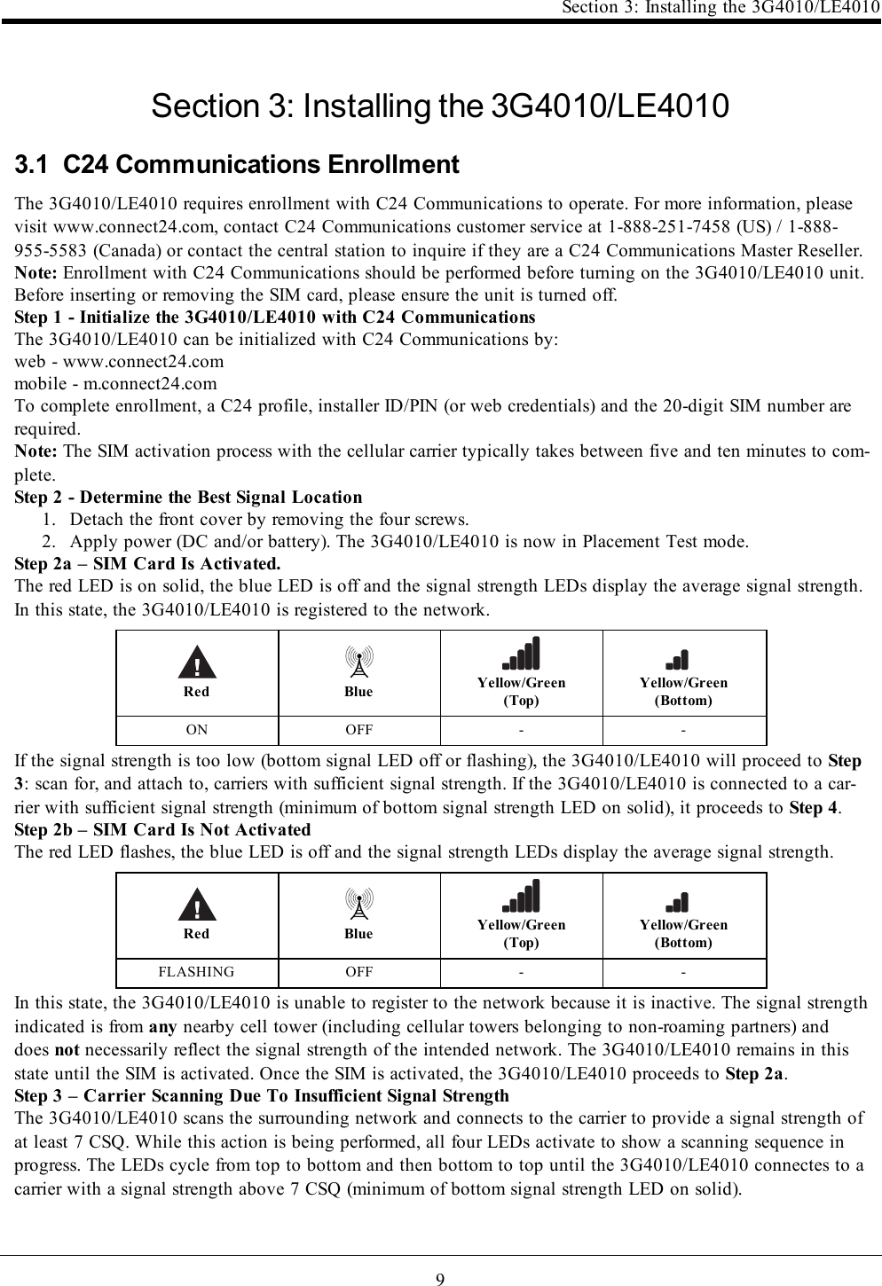9Section 3: Installing the 3G4010/LE4010Section 3: Installing the 3G4010/LE40103.1 C24 Communications EnrollmentThe 3G4010/LE4010 requires enrollment with C24 Communications to operate. For more information, pleasevisit www.connect24.com, contact C24 Communications customer service at 1-888-251-7458 (US) / 1-888-955-5583 (Canada) or contact the central station to inquire if they are a C24 Communications Master Reseller.Note: Enrollment with C24 Communications should be performed before turning on the 3G4010/LE4010 unit.Before inserting or removing the SIM card, please ensure the unit is turned off.Step 1 - Initialize the 3G4010/LE4010 with C24 CommunicationsThe 3G4010/LE4010 can be initialized with C24 Communications by:web - www.connect24.commobile - m.connect24.comTo complete enrollment, a C24 profile, installer ID/PIN (or web credentials) and the 20-digit SIM number arerequired.Note: The SIM activation process with the cellular carrier typically takes between five and ten minutes to com-plete.Step 2 - Determine the Best Signal Location1. Detach the front cover by removing the four screws.2. Apply power (DC and/or battery). The 3G4010/LE4010 is now in Placement Test mode.Step 2a – SIM Card Is Activated.The red LED is on solid, the blue LED is off and the signal strength LEDs display the average signal strength.In this state, the 3G4010/LE4010 is registered to the network.Red Blue Yellow/Green(Top)Yellow/Green(Bottom)ON OFF - -If the signal strength is too low (bottom signal LED off or flashing), the 3G4010/LE4010 will proceed to Step3: scan for, and attach to, carriers with sufficient signal strength. If the 3G4010/LE4010 is connected to a car-rier with sufficient signal strength (minimum of bottom signal strength LED on solid), it proceeds to Step 4.Step 2b – SIM Card Is Not ActivatedThe red LED flashes, the blue LED is off and the signal strength LEDs display the average signal strength.Red Blue Yellow/Green(Top)Yellow/Green(Bottom)FLASHING OFF - -In this state, the 3G4010/LE4010 is unable to register to the network because it is inactive. The signal strengthindicated is from any nearby cell tower (including cellular towers belonging to non-roaming partners) anddoes not necessarily reflect the signal strength of the intended network. The 3G4010/LE4010 remains in thisstate until the SIM is activated. Once the SIM is activated, the 3G4010/LE4010 proceeds to Step 2a.Step 3 – Carrier Scanning Due To Insufficient Signal StrengthThe 3G4010/LE4010 scans the surrounding network and connects to the carrier to provide a signal strength ofat least 7 CSQ. While this action is being performed, all four LEDs activate to show a scanning sequence inprogress. The LEDs cycle from top to bottom and then bottom to top until the 3G4010/LE4010 connectes to acarrier with a signal strength above 7 CSQ (minimum of bottom signal strength LED on solid).