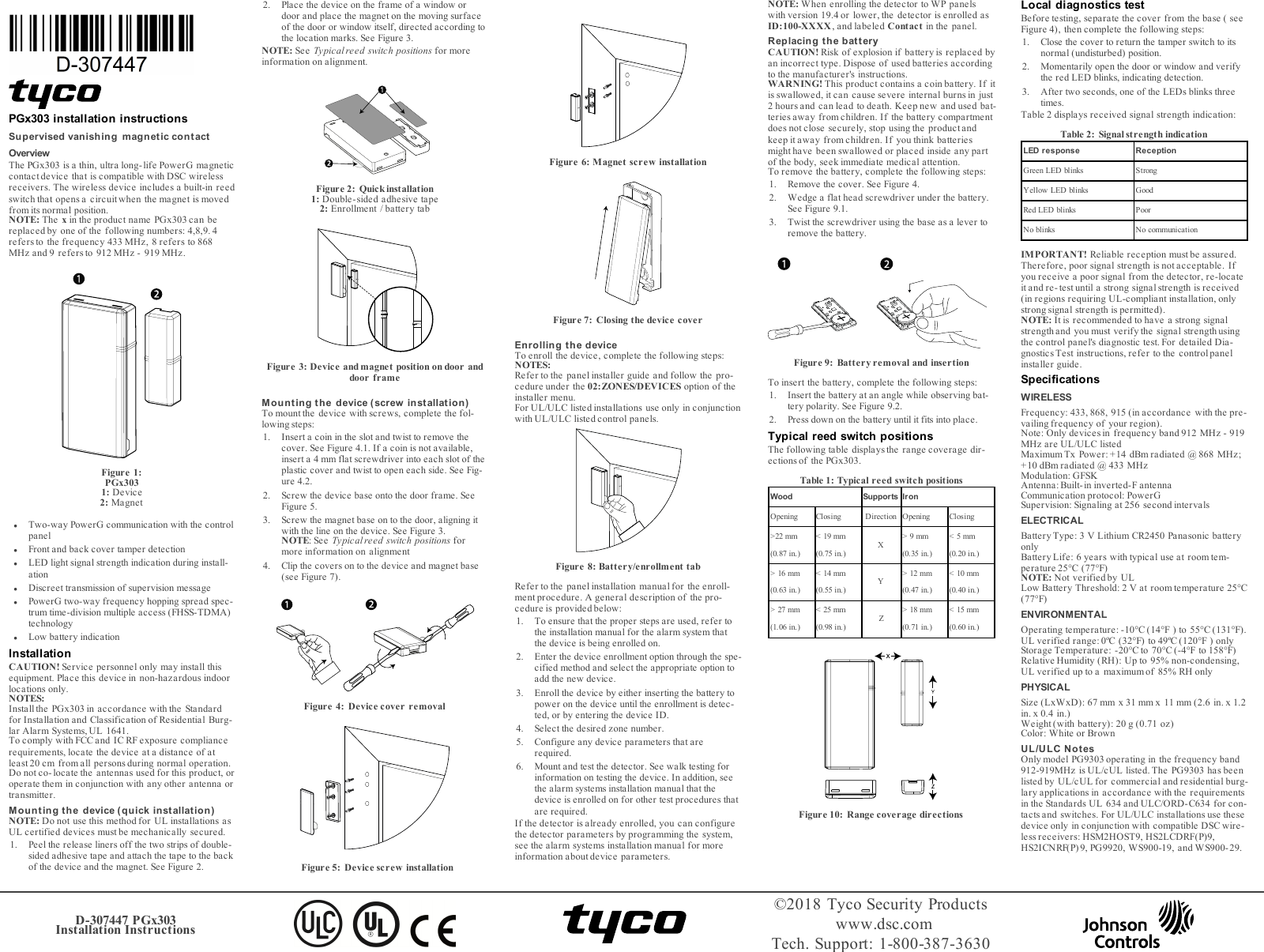Page 1 of Tyco Safety Canada 18PG9303 Wireless magnetic contact User Manual PGX303 installation instructions