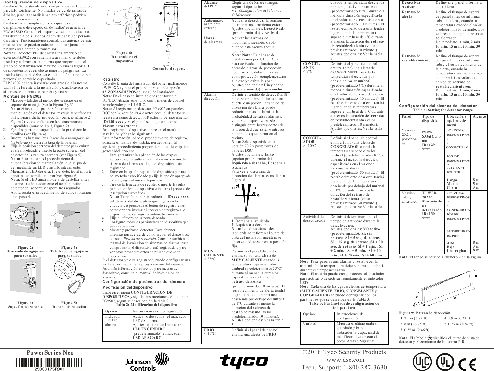 PowerSeries Neo ©2018 Tyco Security Productswww.dsc.comTech. Support: 1-800-387-3630Configuración de dispositivoCuidado!No obstaculizar el campo visual del detector,parcial o totalmente. No instalar cerca de ramas deárboles, pues las condiciones atmosféricas podríanproducir movimientos.Cuidado!Para cumplir con los requisitos decumplimiento de exposición de radiofrecuencia deFCC e ISED Canadá, el dispositivo se debe colocar auna distancia de al menos 20 cm de cualquier personadurante el funcionamiento normal. Las antenas de esteproducto no se pueden colocar o utilizar junto conninguna otra antena o transmisor.Nota: El detector PIR de cortina inalámbrico deexteriorPGx902 con antienmascaramiento se debeinstalar y utilizar en un entorno que proporcione elgrado de contaminación máximo 2 y una categoría IIde sobretensiones en ubicaciones no peligrosas. Lainstalación equipo debe ser efectuada únicamente porpersonal de servicio capacitado.El PGx902 deberá instalarse con arreglo a la normaUL 681, referente a la instalación y clasificación desistemas de alarma contra robo y atraco.Montaje de PGx9021. Marque y taladre al menos dos orificios en elsoporte de montaje (ver la Figura 2 y 3).Nota: Si instala la protección contramanipulación en el detector, marque y perfore unorificio para dicha protección (orificio número 2,Figura 2) y dos orificios en las otras ranurasdisponibles (número 1 y 3, Figura 2).2. Fije el soporte a la superficie de la pared con lostornillos (ver Figura 4).3. Inserte las baterías (ver Inserción o reemplazo delas baterías) y cierre la tapa de la batería.4. Elija la posición correcta del detector para cubrirel área protegida e inserte la parte superior deldetector en la ranura correcta (ver Figura 5).Nota: Esto iniciará el procedimiento deautocalibración de manipulación, que se puedever mediante un LED amarillo intermitente.5. Mientras el LED destella, fije el detector al soporteapretando el tornillo inferior(ver Figura 6).Nota: Si el LED amarillo deja de destellar antesde apretar adecuadamente el tornillo, retire eldetector del soporte y espere tres segundos.Ahora repita el procedimiento de autocalibraciónen el paso 4.Figure 2:Marcado de agujerospara tornillosFigure 3:Taladrado de agujerospara tornillosFigure 4:Sujeción del soporte Figure 5:Ranura de rotaciónFigure 6:Ranurado en eldispositivo Figure 7:Cerrando el soporteRegistroConsulte la guía del instalador del panel inalámbrico(WP80XX) y siga el procedimiento en la opción02:ZONAS/DISPOS del menú de Instalador.Nota: En el caso de instalaciones conforme aUL/ULC, utilizar solo junto con paneles de controlhomologados por UL/ULC.Nota: Al registrar un detector PGx902 en panelesDSC con la versión 19.4 o anteriores, el detector seregistrará como detector PIR externo de movimiento,ID:130-xxxx y en el panel se etiquetará comoMovimiento externo.Para registrar el dispositivo, entre en el menú deinstalación y haga lo siguiente:Para información sobre el procedimiento de registro,consulte el manual de instalación del panel. Elsiguiente procedimiento proporciona una descripcióngeneral del proce so:1. Para garantizar la aplicación de las etapasapropiadas, consulte el manual de instalación delsistema de alarma en el que el dispositivo estáregistrado.2. Entre en la opción registro de dispositivo por mediodel método especificado y elija la opción apropiadapara agregar el nuevo dispositivo.3. Tire de la lengüeta de registro o inserte las pilaspara encender el dispositivo e iniciar el proceso deinscripción automática.Nota: También puede introducir el ID:xxx-xxxx(el número del dispositivo que figura en laetiqueta), o presionar el botón de registro en eldetector para iniciar el proceso de registro si eldispositivo no se registra automáticamente.4. Elija el número de la zona deseada.5. Configure todos los parámetros del dispositivo quesean necesarios.6. Montar y probar el detector. Para obtenerinformación acerca de cómo probar el dispositivo,consulte Prueba de recorrido. Consulte también elmanual de instalación de sistemas de alarma, paracomprobar si el dispositivo está registrado o paraver otros procedimientos de prueba que seannecesarios.Si el detector ya está registrado, puede configurar susparámetros mediante la programación del sistema.Para más información sobre los parámetros deldispositivo, consulte el manual de instalación dealarmas.Configuración de parámetros del detectorModificación del dispositivoEntre en el menú CONFIGURACIÓN DEDISPOSITIVOS y siga las instrucciones del detectorPGx902, según se describen en la tabla 2.Tabla 2: Modificación del dispositivoOpción Instrucciones de configuraciónIndicadorLED dealarmaActivar o desactivar el indicadorLED de alarma.Ajustes opcionales: IndicadorLED ENCENDIDO(predeterminado) e indicadorLED APAGADO.Alcancedel PIR Elegir una de los tres rangos,según el tipo de instalación.Ver Configuración del alcancedel detectorAntienmasc-aramientoexternoActivar o desactivar la funciónde antienmascaramiento externo.Ajustes opcionales: Desactivado(predeterminado) y Activado.Horasde alarmas Activar las alarmas demovimiento siempre, o solocuando está oscuro (por lanoche).Note: Nota:En el caso deinstalaciones por UL/ULC, alestar activada, la función dehoras de alarma de protecciónnocturna solo debe utilizarsecomo protección complementariaa la que ya cubre la zona.Ajustes opcionales: Día y noche(predeterminado) y Solo noche .Alarmadirección Definir el sentido de detección. Siel detector se instala junto a unapuerta o un portón, la función dedirección de alarma puedereducir en más de la mitad laprobabilidad de falsas alarmas,ya que el dispositivo puededistinguir entre los residentes dela propiedad que salen e intrusospotenciales que entran en elrecinto.Nota:Solo disponible en laversión 20.2 y posteriores depaneles DSC.Ajustes opcionales: Tanto(opción predeterminada),Izquierda a derecha,Derecha aizquierda.Para ver el diagrama dedirección de alarma, consultar laFigura 8.1. Derecha a izquierda2. Izquierda a derechaNota:Las direcciones derecha eizquierda se refieren al punto devista del instalador mientras seobserva el detector en su posiciónfija.MUYCALIENTE&gt; 35°CDefinir si el panel de controlemitirá (o no) una alerta deMUY CALIENTE cuando latemperatura supere el valorumbral (predeterminado 35°C)durante al menos la duraciónespecificada en el valor deretraso de alerta(predeterminado: 10 minutos). Elrestablecimiento de alerta tendrálugar cuando la temperaturadescienda por debajo del umbralde 1°C durante al menos laduración del retraso derestablecimiento (valorpredeterminado: 10 minutos).Ajustes opcionales: Ver la tabla3.FRÍO&lt; 19°C Definir si el panel de controlemitirá una alerta de FRÍOcuando la temperatura desciendapor debajo del valor umbral(predeterminado 19°C) durante almenos la duración especificadaen el valor de retraso de alerta(predeterminado: 10 minutos). Elrestablecimiento de alerta tendrálugar cuando la temperaturasupere el umbral de 1°C duranteal menos la duración del retrasode restablecimiento (valorpredeterminado: 10 minutos).Ajustes opcionales: Ver la tabla3.CONGEL-ANTE&lt; 7°CDefinir si el panel de controlemitirá (o no) una alerta deCONGELANTE cuando latemperatura descienda pordebajo del valor umbral(predeterminado 7°C) durante almenos la duración especificadaen el valor de retraso de alerta(predeterminado: 10 minutos). Elrestablecimiento de alerta tendrálugar cuando la temperaturasupere el umbral de 1°C duranteal menos la duración del retrasode restablecimiento (valorpredeterminado: 10 minutos).Ajustes opcionales: Ver la tabla3.CONGEL-ADOR&gt; -10°CDefinir si el panel de controlemitirá (o no) una alerta deCONGELADOR cuando latemperatura supere el valorumbral (predeterminado -10°C)durante al menos la duraciónespecificada en el valor deretraso de alerta(predeterminado: 30 minutos). Elrestablecimiento de alerta tendrálugar cuando la temperaturadescienda por debajo del umbralde 1°C durante al menos laduración del retraso derestablecimiento (valorpredeterminado: 30 minutos).Ajustes opcionales: Ver la tabla3.Actividad dedesactivación Definir si determinar o no eltiempo de actividad durante ladesactivación.Ajustes opcionales: NO activo(predeterminado), SÍ: sinretraso,SÍ + 5 seg. de retraso,SÍ + 15 seg. de retraso,SÍ + 30seg. de retraso,SÍ + 1 min. ,SÍ+ 2 min. ,SÍ + 5 min. ,SÍ + 10min.,SÍ + 20 min.,SÍ + 60 min.Nota:Para generar una alarma o restablecer latransmisión, la temperatura debe superar el umbraldurante el tiempo necesario.Nota: El usuario puede otorgar acceso al instaladorpara activar o desactivar remotamente el indicadorLED.Nota: Cada una de las cuatro alertas de temperatura(MUY CALIENTE,FRÍO,CONGELANTE yCONGELADOR) se puede configurar con losparámetros que se describen en la Tabla 3:Table 3: Parámetros de configuración detemperaturaOpción Instrucciones deconfiguraciónUmbral Muestra el último umbralguardado y brinda alinstalador la capacidad demodificar el valor con elbotón Atrás o Siguiente.Desactivar/activarDefine si el panel informaráde la alerta.Retraso dealertaDefine el tiempo de esperadel panel antes de informarsobre la alerta, cuando latemperatura excede el valorpredeterminado definido. Losvalores de tiempo de retrasode alertason:De inmediato, 1 min,2 min,10 min,15 min,20 min,30minRetraso derestablecimientoDefine el tiempo de esperadel panel antes de informarsobre el restablecimiento dela alerta, cuando latemperatura vuelve al rangode umbral. Los valores detiempo de retraso derestablecimientoson:De inmediato, 1 min,2 min,10 min,15 min,20 min,30minConfiguración del alcance del detectorTable 4: Setting the detector rangePanel Tipo dedispositivoUbicación yopciones demenúAlcanceVersión20.2 yposterior-esPGx902S.OutCurt-ainID: 129-xxxx&gt;02: ZONA/DISPOSITIVOS &gt;CONFIGURAC-IÓN DEDISPOSITIVOS&gt;ALCANCEDEL PIR &gt;LargoMedioCorto8 m5 m3 mVersión19.4 yanterioresTOWER-20AMMovimientonoactualizadoID: 130-xxxx&gt;02: ZONA/DISPOSITIVOS &gt;&gt;CONFIGURAC-IÓN DEDISPOSITIVOS &gt;&gt;SENSIBILIDADDE PIR&gt;AltoBajoUna región8 m3 m8 mNota:El rango se refiere al número 2 en la Figura 9.Figura 9: Patrón de detección1. 2.1 m (6.89 ft) 4. 1.9 m (6.23 ft)2. 8 m (26.25 ft) 5. 0.25 m (0.82 ft)3. 0.75 m (2.46 ft)Nota: El símbolo significa el punto de vista deldetector y el comienzo de la cortina PIR.&gt;&gt;&gt;