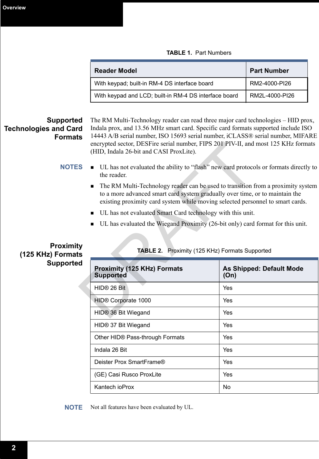 Overview2SupportedTechnologies and CardFormatsThe RM Multi-Technology reader can read three major card technologies – HID prox, Indala prox, and 13.56 MHz smart card. Specific card formats supported include ISO 14443 A/B serial number, ISO 15693 serial number, iCLASS® serial number, MIFARE encrypted sector, DESFire serial number, FIPS 201 PIV-II, and most 125 KHz formats (HID, Indala 26-bit and CASI ProxLite).NOTES UL has not evaluated the ability to “flash” new card protocols or formats directly to the reader. The RM Multi-Technology reader can be used to transition from a proximity system to a more advanced smart card system gradually over time, or to maintain the existing proximity card system while moving selected personnel to smart cards.UL has not evaluated Smart Card technology with this unit. UL has evaluated the Wiegand Proximity (26-bit only) card format for this unit.Proximity(125 KHz) FormatsSupportedNOTE Not all features have been evaluated by UL.TABLE 1.  Part NumbersReader Model Part NumberWith keypad; built-in RM-4 DS interface board RM2-4000-PI26With keypad and LCD; built-in RM-4 DS interface board RM2L-4000-PI26TABLE 2.   Proximity (125 KHz) Formats SupportedProximity (125 KHz) Formats SupportedAs Shipped: Default Mode (On)HID® 26 Bit  YesHID® Corporate 1000 YesHID® 36 Bit Wiegand YesHID® 37 Bit Wiegand YesOther HID® Pass-through Formats YesIndala 26 Bit YesDeister Prox SmartFrame® Yes(GE) Casi Rusco ProxLite  Yes Kantech ioProx No DRAFT