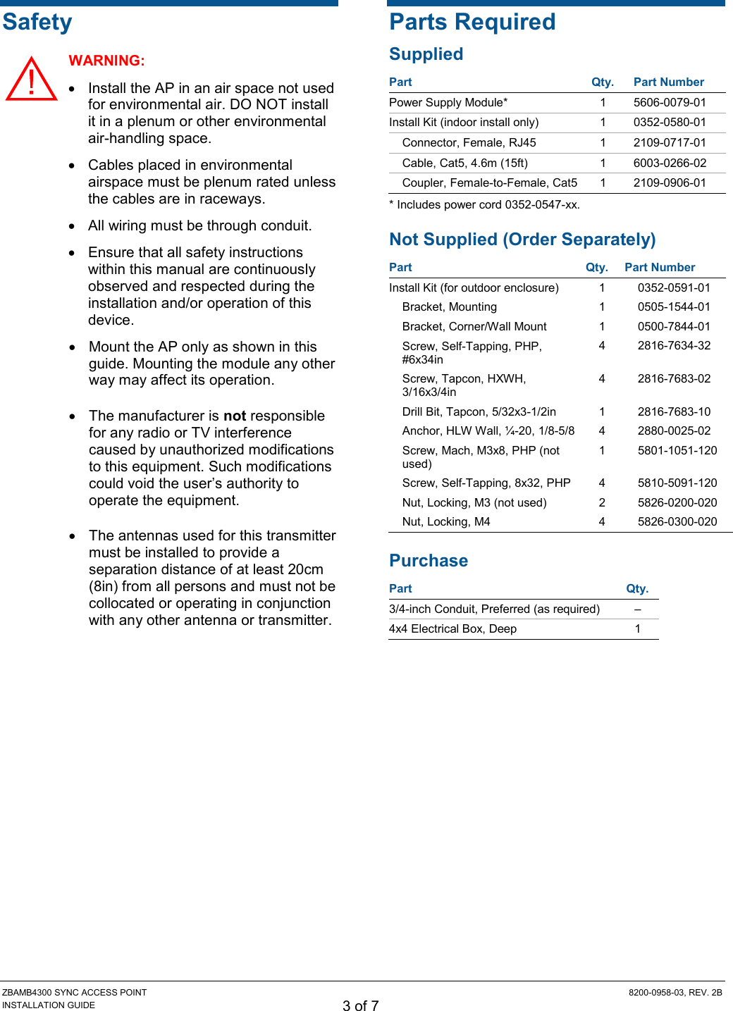 ZBAMB4300 SYNC ACCESS POINT  8200-0958-03, REV. 2B INSTALLATION GUIDE 3 of 7 Safety WARNING:   Install the AP in an air space not used for environmental air. DO NOT install it in a plenum or other environmental air-handling space.   Cables placed in environmental airspace must be plenum rated unless the cables are in raceways.   All wiring must be through conduit.   Ensure that all safety instructions within this manual are continuously observed and respected during the installation and/or operation of this device.   Mount the AP only as shown in this guide. Mounting the module any other way may affect its operation.   The manufacturer is not responsible for any radio or TV interference caused by unauthorized modifications to this equipment. Such modifications could void the user’s authority to operate the equipment.   The antennas used for this transmitter must be installed to provide a separation distance of at least 20cm (8in) from all persons and must not be collocated or operating in conjunction with any other antenna or transmitter. Parts Required Supplied Part Qty. Part Number Power Supply Module* 1 5606-0079-01 Install Kit (indoor install only) 1 0352-0580-01 Connector, Female, RJ45 1 2109-0717-01 Cable, Cat5, 4.6m (15ft) 1 6003-0266-02 Coupler, Female-to-Female, Cat5 1 2109-0906-01 * Includes power cord 0352-0547-xx. Not Supplied (Order Separately) Part Qty. Part Number Install Kit (for outdoor enclosure) 1 0352-0591-01 Bracket, Mounting 1 0505-1544-01 Bracket, Corner/Wall Mount 1 0500-7844-01 Screw, Self-Tapping, PHP, #6x34in 4 2816-7634-32 Screw, Tapcon, HXWH, 3/16x3/4in 4 2816-7683-02 Drill Bit, Tapcon, 5/32x3-1/2in 1 2816-7683-10 Anchor, HLW Wall, ¼-20, 1/8-5/8 4 2880-0025-02 Screw, Mach, M3x8, PHP (not used) 1 5801-1051-120 Screw, Self-Tapping, 8x32, PHP 4 5810-5091-120 Nut, Locking, M3 (not used) 2 5826-0200-020 Nut, Locking, M4 4 5826-0300-020 Purchase Part Qty. 3/4-inch Conduit, Preferred (as required) – 4x4 Electrical Box, Deep 1  