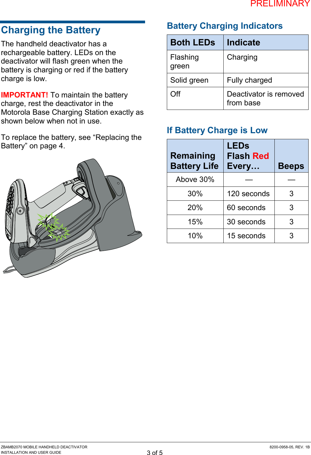 PRELIMINARY ZBAMB2070 MOBILE HANDHELD DEACTIVATOR  8200-0958-05, REV. 1B INSTALLATION AND USER GUIDE 3 of 5 Charging the Battery The handheld deactivator has a rechargeable battery. LEDs on the deactivator will flash green when the battery is charging or red if the battery charge is low. IMPORTANT! To maintain the battery charge, rest the deactivator in the Motorola Base Charging Station exactly as shown below when not in use. To replace the battery, see “Replacing the Battery” on page 4.  Battery Charging Indicators Both LEDs Indicate Flashing green Charging Solid green Fully charged Off Deactivator is removed from base If Battery Charge is Low Remaining  Battery Life LEDs Flash Red Every… Beeps Above 30% — — 30% 120 seconds 3 20% 60 seconds 3 15% 30 seconds 3 10% 15 seconds 3 