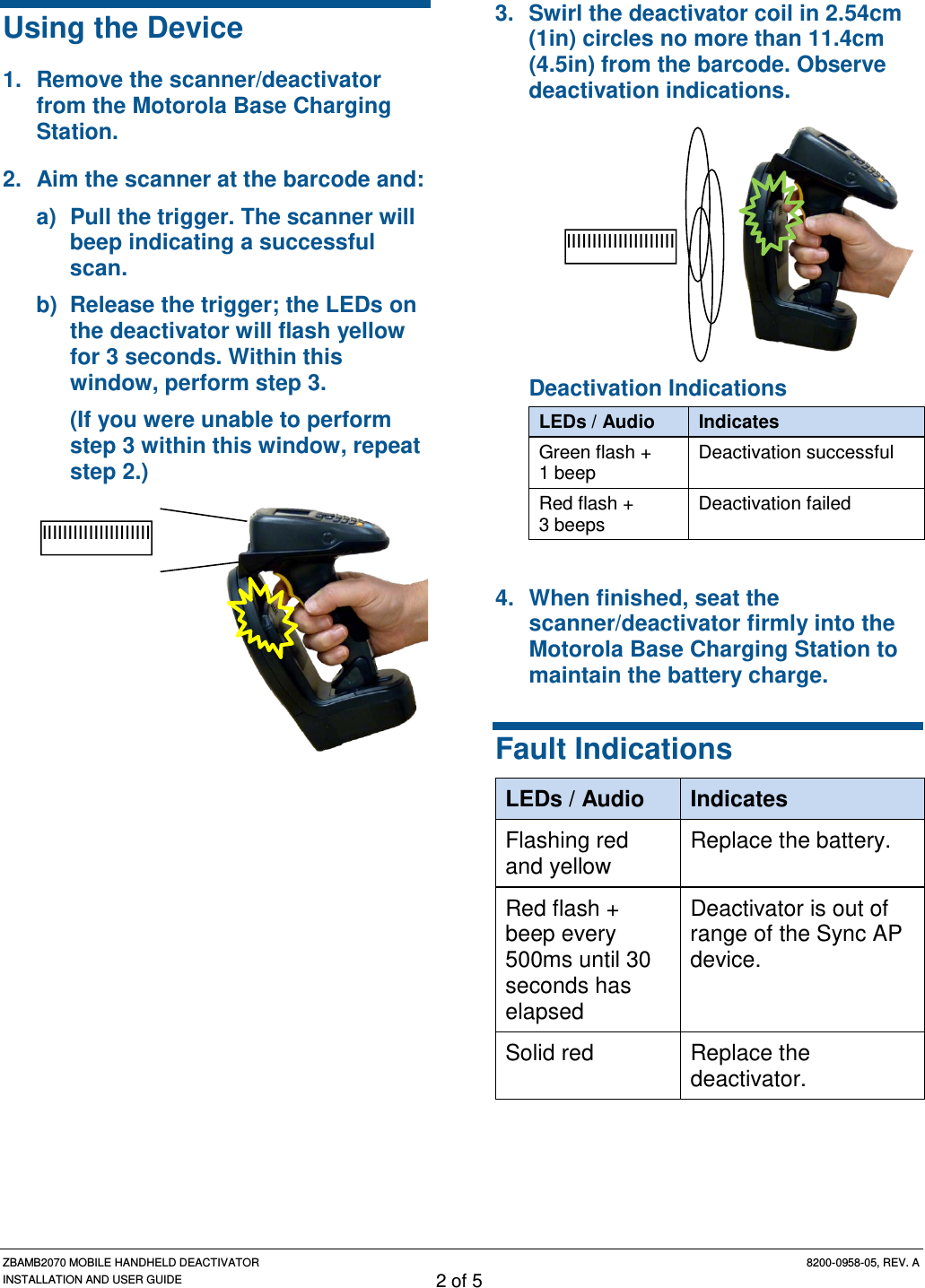ZBAMB2070 MOBILE HANDHELD DEACTIVATOR 8200-0958-05, REV. A INSTALLATION AND USER GUIDE 2 of 5 Using the Device 1. Remove the scanner/deactivator from the Motorola Base Charging Station. 2. Aim the scanner at the barcode and:  a)  Pull the trigger. The scanner will beep indicating a successful scan. b) Release the trigger; the LEDs on the deactivator will flash yellow for 3 seconds. Within this window, perform step 3. (If you were unable to perform step 3 within this window, repeat step 2.)    3. Swirl the deactivator coil in 2.54cm (1in) circles no more than 11.4cm (4.5in) from the barcode. Observe deactivation indications.  Deactivation Indications LEDs / Audio Indicates Green flash + 1 beep Deactivation successful Red flash + 3 beeps Deactivation failed 4. When finished, seat the scanner/deactivator firmly into the Motorola Base Charging Station to maintain the battery charge. Fault Indications LEDs / Audio Indicates Flashing red and yellow Replace the battery. Red flash + beep every 500ms until 30 seconds has elapsed  Deactivator is out of range of the Sync AP device. Solid red Replace the deactivator.  IIIIIIIIIIIIIIIIIIIII IIIIIIIIIIIIIIIIIIIII 