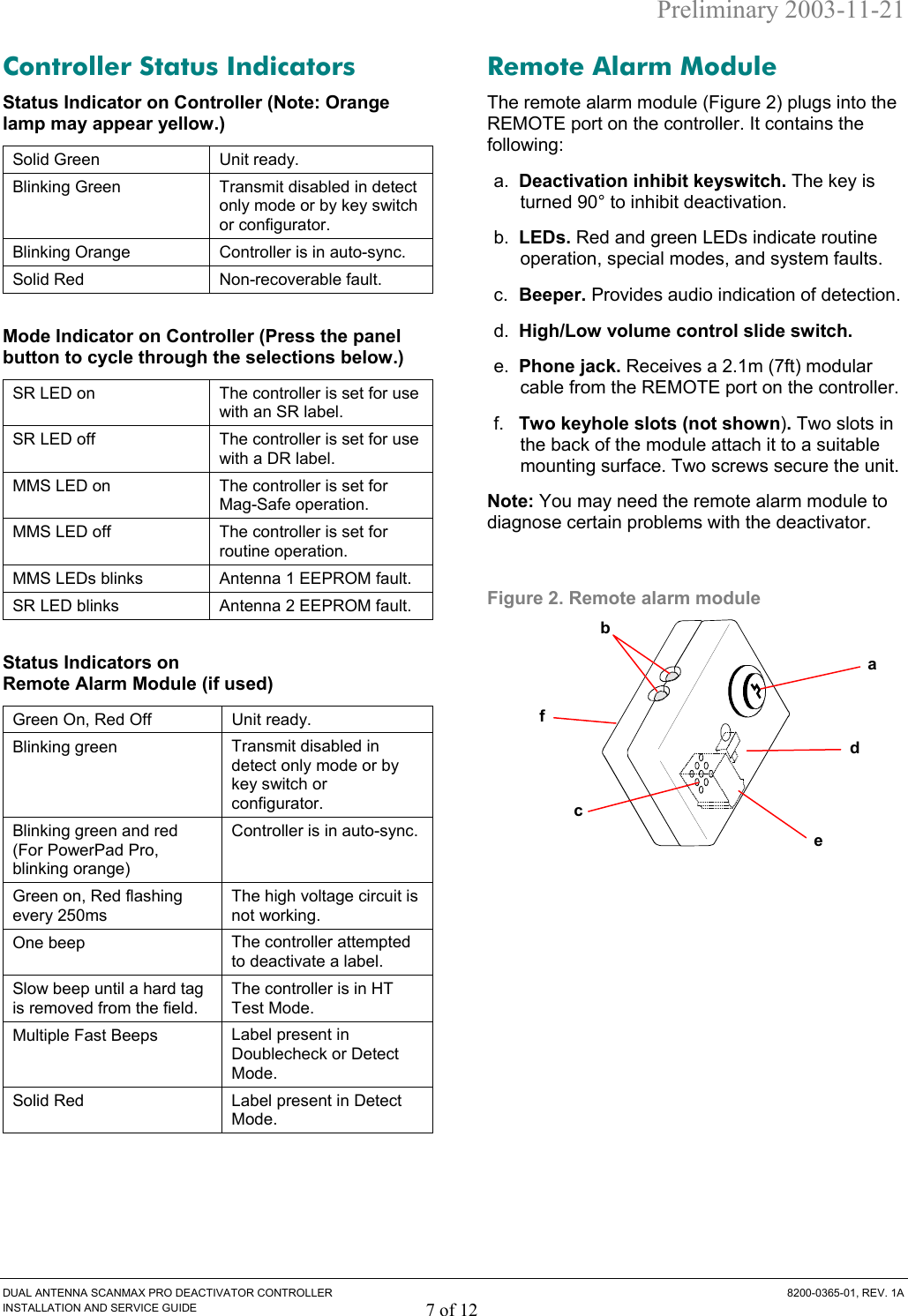 Preliminary 2003-11-21 DUAL ANTENNA SCANMAX PRO DEACTIVATOR CONTROLLER  8200-0365-01, REV. 1A INSTALLATION AND SERVICE GUIDE 7 of 12 Controller Status Indicators Status Indicator on Controller (Note: Orange lamp may appear yellow.) Solid Green  Unit ready. Blinking Green  Transmit disabled in detect only mode or by key switch or configurator. Blinking Orange  Controller is in auto-sync. Solid Red  Non-recoverable fault.  Mode Indicator on Controller (Press the panel button to cycle through the selections below.) SR LED on  The controller is set for use with an SR label. SR LED off  The controller is set for use with a DR label. MMS LED on  The controller is set for Mag-Safe operation. MMS LED off  The controller is set for routine operation. MMS LEDs blinks  Antenna 1 EEPROM fault. SR LED blinks  Antenna 2 EEPROM fault.  Status Indicators on  Remote Alarm Module (if used) Green On, Red Off  Unit ready. Blinking green  Transmit disabled in detect only mode or by key switch or configurator. Blinking green and red (For PowerPad Pro, blinking orange) Controller is in auto-sync. Green on, Red flashing every 250ms The high voltage circuit is not working. One beep  The controller attempted to deactivate a label. Slow beep until a hard tag is removed from the field. The controller is in HT Test Mode. Multiple Fast Beeps   Label present in Doublecheck or Detect Mode. Solid Red  Label present in Detect Mode. Remote Alarm Module The remote alarm module (Figure 2) plugs into the REMOTE port on the controller. It contains the following: a.  Deactivation inhibit keyswitch. The key is turned 90° to inhibit deactivation. b.  LEDs. Red and green LEDs indicate routine operation, special modes, and system faults. c.  Beeper. Provides audio indication of detection. d.  High/Low volume control slide switch. e.  Phone jack. Receives a 2.1m (7ft) modular cable from the REMOTE port on the controller. f.  Two keyhole slots (not shown). Two slots in the back of the module attach it to a suitable mounting surface. Two screws secure the unit. Note: You may need the remote alarm module to diagnose certain problems with the deactivator.  Figure 2. Remote alarm module  bfceda