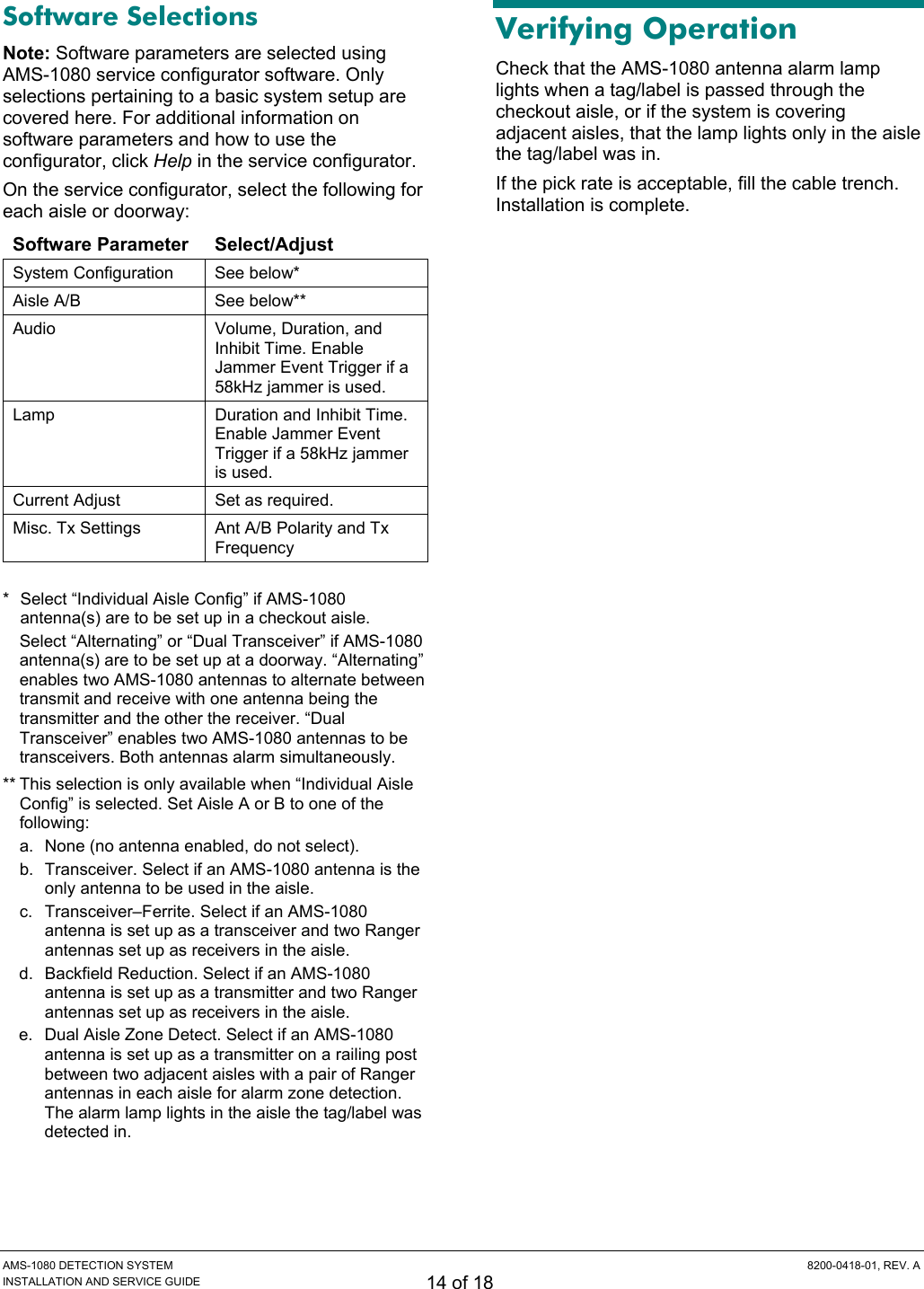  AMS-1080 DETECTION SYSTEM  8200-0418-01, REV. A INSTALLATION AND SERVICE GUIDE 14 of 18 Software Selections Note: Software parameters are selected using AMS-1080 service configurator software. Only selections pertaining to a basic system setup are covered here. For additional information on software parameters and how to use the configurator, click Help in the service configurator. On the service configurator, select the following for each aisle or doorway: Software Parameter  Select/Adjust System Configuration  See below* Aisle A/B  See below** Audio  Volume, Duration, and Inhibit Time. Enable Jammer Event Trigger if a 58kHz jammer is used. Lamp  Duration and Inhibit Time. Enable Jammer Event Trigger if a 58kHz jammer is used. Current Adjust  Set as required. Misc. Tx Settings  Ant A/B Polarity and Tx Frequency  *  Select “Individual Aisle Config” if AMS-1080 antenna(s) are to be set up in a checkout aisle.  Select “Alternating” or “Dual Transceiver” if AMS-1080 antenna(s) are to be set up at a doorway. “Alternating” enables two AMS-1080 antennas to alternate between transmit and receive with one antenna being the transmitter and the other the receiver. “Dual Transceiver” enables two AMS-1080 antennas to be transceivers. Both antennas alarm simultaneously. ** This selection is only available when “Individual Aisle Config” is selected. Set Aisle A or B to one of the following: a.  None (no antenna enabled, do not select). b.  Transceiver. Select if an AMS-1080 antenna is the only antenna to be used in the aisle. c.  Transceiver–Ferrite. Select if an AMS-1080 antenna is set up as a transceiver and two Ranger antennas set up as receivers in the aisle. d.  Backfield Reduction. Select if an AMS-1080 antenna is set up as a transmitter and two Ranger antennas set up as receivers in the aisle. e.  Dual Aisle Zone Detect. Select if an AMS-1080 antenna is set up as a transmitter on a railing post between two adjacent aisles with a pair of Ranger antennas in each aisle for alarm zone detection. The alarm lamp lights in the aisle the tag/label was detected in. Verifying Operation Check that the AMS-1080 antenna alarm lamp lights when a tag/label is passed through the checkout aisle, or if the system is covering adjacent aisles, that the lamp lights only in the aisle the tag/label was in. If the pick rate is acceptable, fill the cable trench. Installation is complete. 