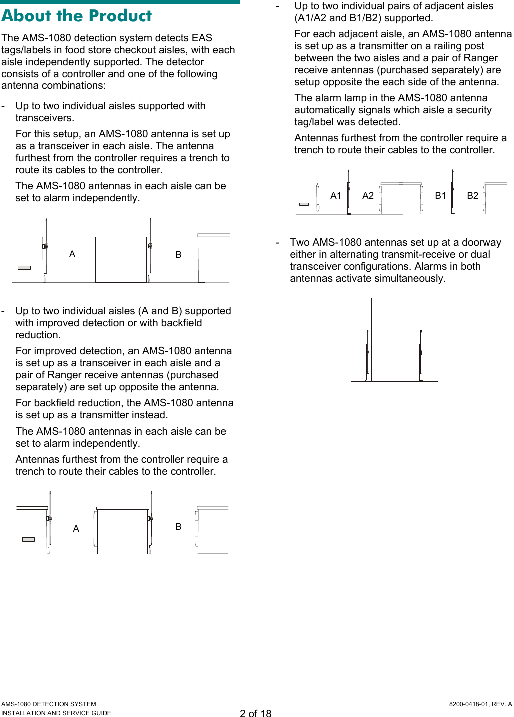  AMS-1080 DETECTION SYSTEM  8200-0418-01, REV. A INSTALLATION AND SERVICE GUIDE 2 of 18 About the Product The AMS-1080 detection system detects EAS tags/labels in food store checkout aisles, with each aisle independently supported. The detector consists of a controller and one of the following antenna combinations: -  Up to two individual aisles supported with transceivers. For this setup, an AMS-1080 antenna is set up as a transceiver in each aisle. The antenna furthest from the controller requires a trench to route its cables to the controller. The AMS-1080 antennas in each aisle can be set to alarm independently.  -  Up to two individual aisles (A and B) supported with improved detection or with backfield reduction. For improved detection, an AMS-1080 antenna is set up as a transceiver in each aisle and a pair of Ranger receive antennas (purchased separately) are set up opposite the antenna. For backfield reduction, the AMS-1080 antenna is set up as a transmitter instead. The AMS-1080 antennas in each aisle can be set to alarm independently. Antennas furthest from the controller require a trench to route their cables to the controller.  -  Up to two individual pairs of adjacent aisles (A1/A2 and B1/B2) supported. For each adjacent aisle, an AMS-1080 antenna is set up as a transmitter on a railing post between the two aisles and a pair of Ranger receive antennas (purchased separately) are setup opposite the each side of the antenna. The alarm lamp in the AMS-1080 antenna automatically signals which aisle a security tag/label was detected. Antennas furthest from the controller require a trench to route their cables to the controller.  -  Two AMS-1080 antennas set up at a doorway either in alternating transmit-receive or dual transceiver configurations. Alarms in both antennas activate simultaneously.  A  B A  B A1 A2  B1 B2 