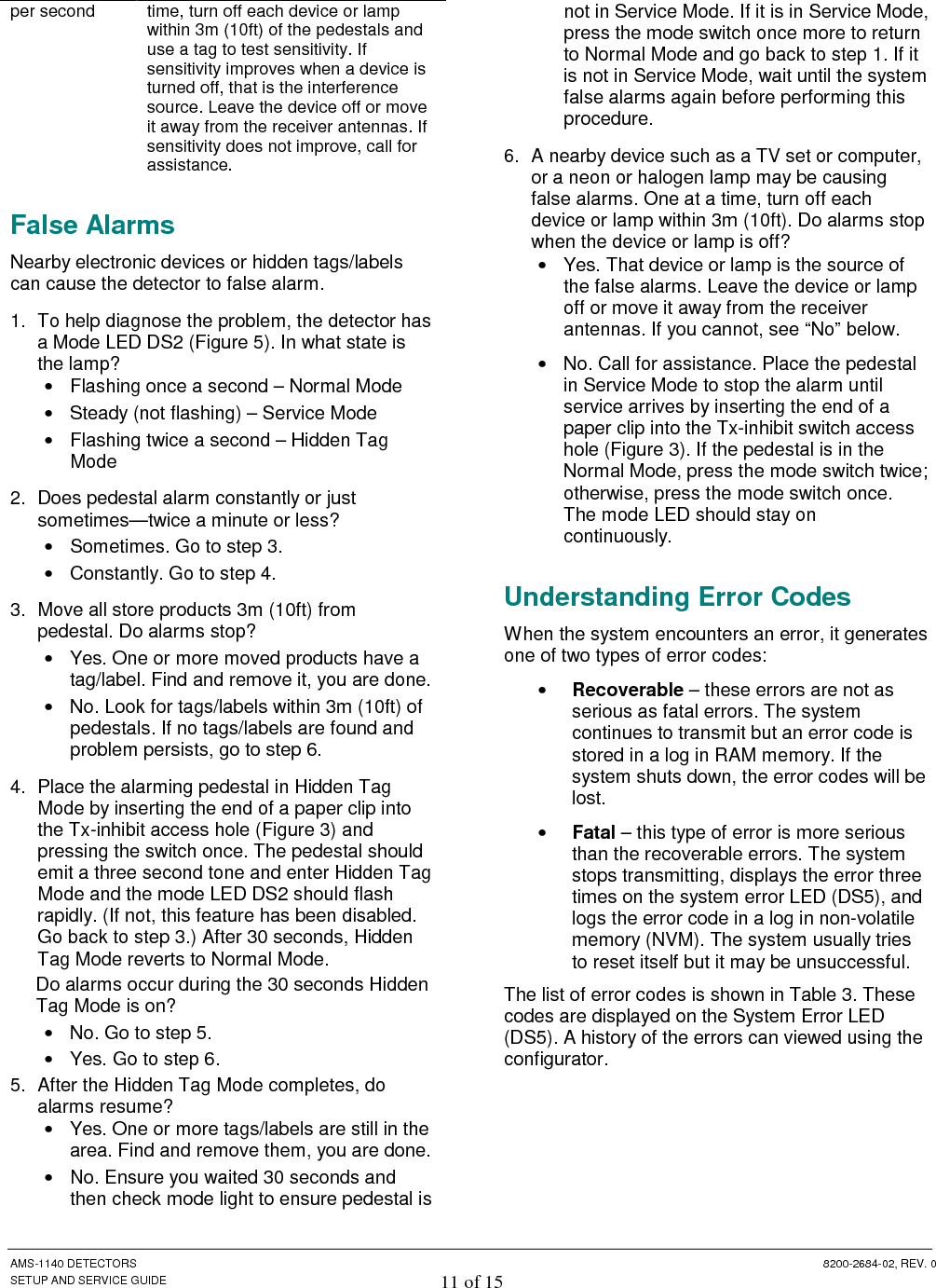  AMS-1140 DETECTORS  8200-2684-02, REV. 0 SETUP AND SERVICE GUIDE 11 of 15 per second  time, turn off each device or lamp within 3m (10ft) of the pedestals and use a tag to test sensitivity. If sensitivity improves when a device is turned off, that is the interference source. Leave the device off or move it away from the receiver antennas. If sensitivity does not improve, call for assistance. False Alarms Nearby electronic devices or hidden tags/labels can cause the detector to false alarm. 1.  To help diagnose the problem, the detector has a Mode LED DS2 (Figure 5). In what state is the lamp?  •  Flashing once a second – Normal Mode •  Steady (not flashing) – Service Mode  •  Flashing twice a second – Hidden Tag Mode 2.  Does pedestal alarm constantly or just sometimes—twice a minute or less?  •  Sometimes. Go to step 3. •  Constantly. Go to step 4. 3.  Move all store products 3m (10ft) from pedestal. Do alarms stop?  •  Yes. One or more moved products have a tag/label. Find and remove it, you are done. •  No. Look for tags/labels within 3m (10ft) of pedestals. If no tags/labels are found and problem persists, go to step 6. 4.  Place the alarming pedestal in Hidden Tag Mode by inserting the end of a paper clip into the Tx-inhibit access hole (Figure 3) and pressing the switch once. The pedestal should emit a three second tone and enter Hidden Tag Mode and the mode LED DS2 should flash rapidly. (If not, this feature has been disabled. Go back to step 3.) After 30 seconds, Hidden Tag Mode reverts to Normal Mode.  Do alarms occur during the 30 seconds Hidden Tag Mode is on?  •  No. Go to step 5. •  Yes. Go to step 6. 5.  After the Hidden Tag Mode completes, do alarms resume?  •  Yes. One or more tags/labels are still in the area. Find and remove them, you are done.   •  No. Ensure you waited 30 seconds and then check mode light to ensure pedestal is not in Service Mode. If it is in Service Mode, press the mode switch once more to return to Normal Mode and go back to step 1. If it is not in Service Mode, wait until the system false alarms again before performing this procedure. 6.  A nearby device such as a TV set or computer, or a neon or halogen lamp may be causing false alarms. One at a time, turn off each device or lamp within 3m (10ft). Do alarms stop when the device or lamp is off?  •  Yes. That device or lamp is the source of the false alarms. Leave the device or lamp off or move it away from the receiver antennas. If you cannot, see “No” below. •  No. Call for assistance. Place the pedestal in Service Mode to stop the alarm until service arrives by inserting the end of a paper clip into the Tx-inhibit switch access hole (Figure 3). If the pedestal is in the Normal Mode, press the mode switch twice; otherwise, press the mode switch once. The mode LED should stay on continuously. Understanding Error Codes When the system encounters an error, it generates one of two types of error codes: • Recoverable – these errors are not as serious as fatal errors. The system continues to transmit but an error code is stored in a log in RAM memory. If the system shuts down, the error codes will be lost. • Fatal – this type of error is more serious than the recoverable errors. The system stops transmitting, displays the error three times on the system error LED (DS5), and logs the error code in a log in non-volatile memory (NVM). The system usually tries to reset itself but it may be unsuccessful.  The list of error codes is shown in Table 3. These codes are displayed on the System Error LED (DS5). A history of the errors can viewed using the configurator.  