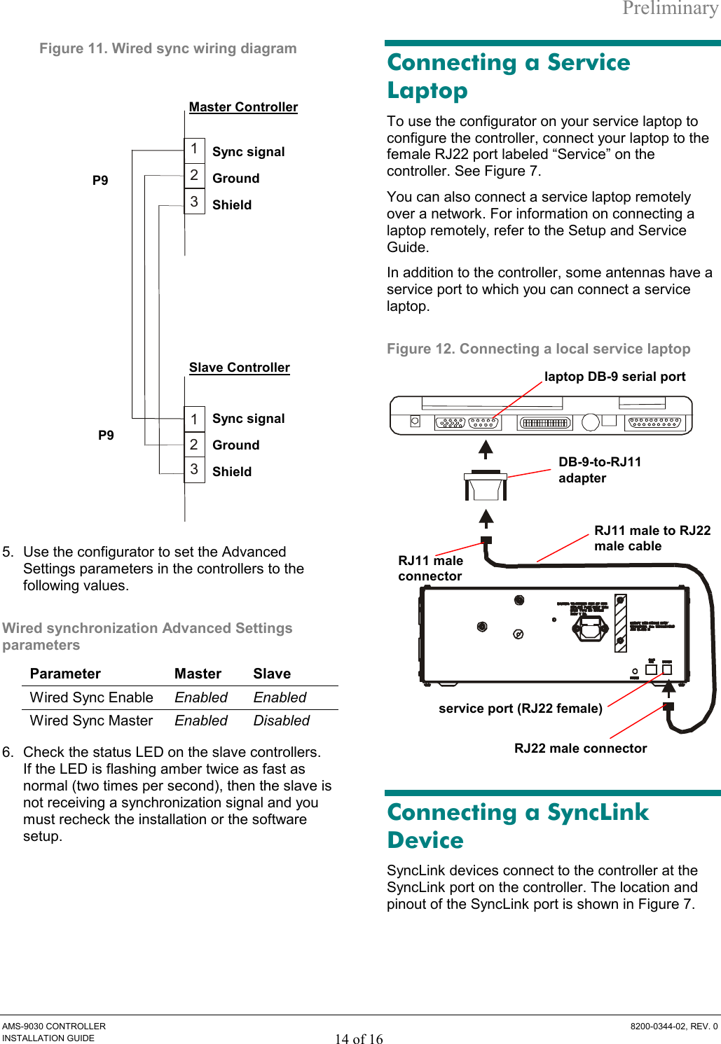 Preliminary AMS-9030 CONTROLLER  8200-0344-02, REV. 0 INSTALLATION GUIDE 14 of 16 Figure 11. Wired sync wiring diagram 123123 5.  Use the configurator to set the Advanced Settings parameters in the controllers to the following values.  Wired synchronization Advanced Settings parameters Parameter Master Slave Wired Sync Enable  Enabled Enabled Wired Sync Master  Enabled Disabled 6.  Check the status LED on the slave controllers. If the LED is flashing amber twice as fast as normal (two times per second), then the slave is not receiving a synchronization signal and you must recheck the installation or the software setup. Connecting a Service Laptop To use the configurator on your service laptop to configure the controller, connect your laptop to the female RJ22 port labeled “Service” on the controller. See Figure 7. You can also connect a service laptop remotely over a network. For information on connecting a laptop remotely, refer to the Setup and Service Guide. In addition to the controller, some antennas have a service port to which you can connect a service laptop. Figure 12. Connecting a local service laptop  Connecting a SyncLink Device SyncLink devices connect to the controller at the SyncLink port on the controller. The location and pinout of the SyncLink port is shown in Figure 7. Sync signal Ground Shield P9 P9 Master Controller Slave Controller Sync signal Ground Shield RJ22 male connector RJ11 male connectorRJ11 male to RJ22 male cable DB-9-to-RJ11 adapter laptop DB-9 serial port service port (RJ22 female) 