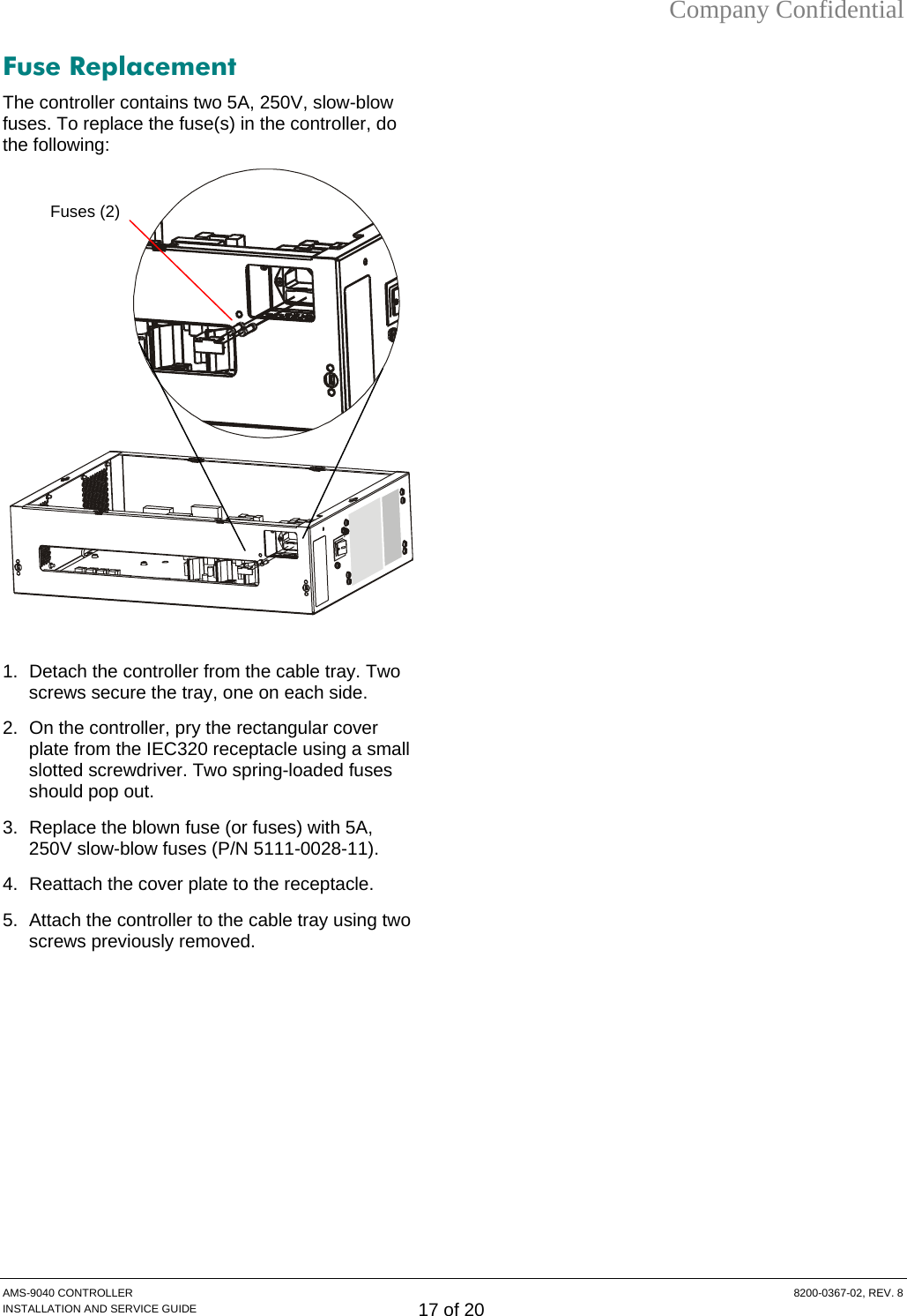 Company Confidential Fuse Replacement The controller contains two 5A, 250V, slow-blow fuses. To replace the fuse(s) in the controller, do the following:   Fuses (2)  1.  Detach the controller from the cable tray. Two screws secure the tray, one on each side. 2.  On the controller, pry the rectangular cover plate from the IEC320 receptacle using a small slotted screwdriver. Two spring-loaded fuses should pop out. 3.  Replace the blown fuse (or fuses) with 5A, 250V slow-blow fuses (P/N 5111-0028-11). 4.  Reattach the cover plate to the receptacle. 5.  Attach the controller to the cable tray using two screws previously removed.  AMS-9040 CONTROLLER  8200-0367-02, REV. 8 INSTALLATION AND SERVICE GUIDE 17 of 20 