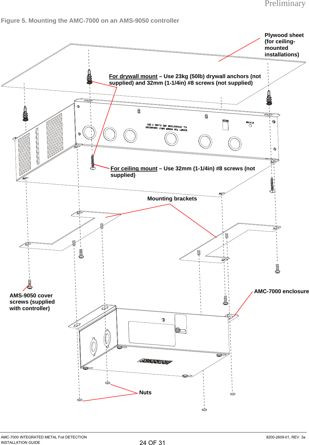 Preliminary Figure 5. Mounting the AMC-7000 on an AMS-9050 controller  Plywood sheet (for ceiling-mounted installations) For drywall mount–Use 23kg (50lb) drywall anchors (not supplied) and 32mm (1-1/4in) #8 screws (not supplied) For ceiling mount–Use 32mm (1-1/4in) #8 screws (not supplied) Mounting brackets AMC-7000 enclosure AMS-9050 cover screws (supplied with controller) Nuts AMC-7000 INTEGRATED METAL Foil DETECTION  8200-2609-01, REV. 3a INSTALLATION GUIDE 24 OF 31 