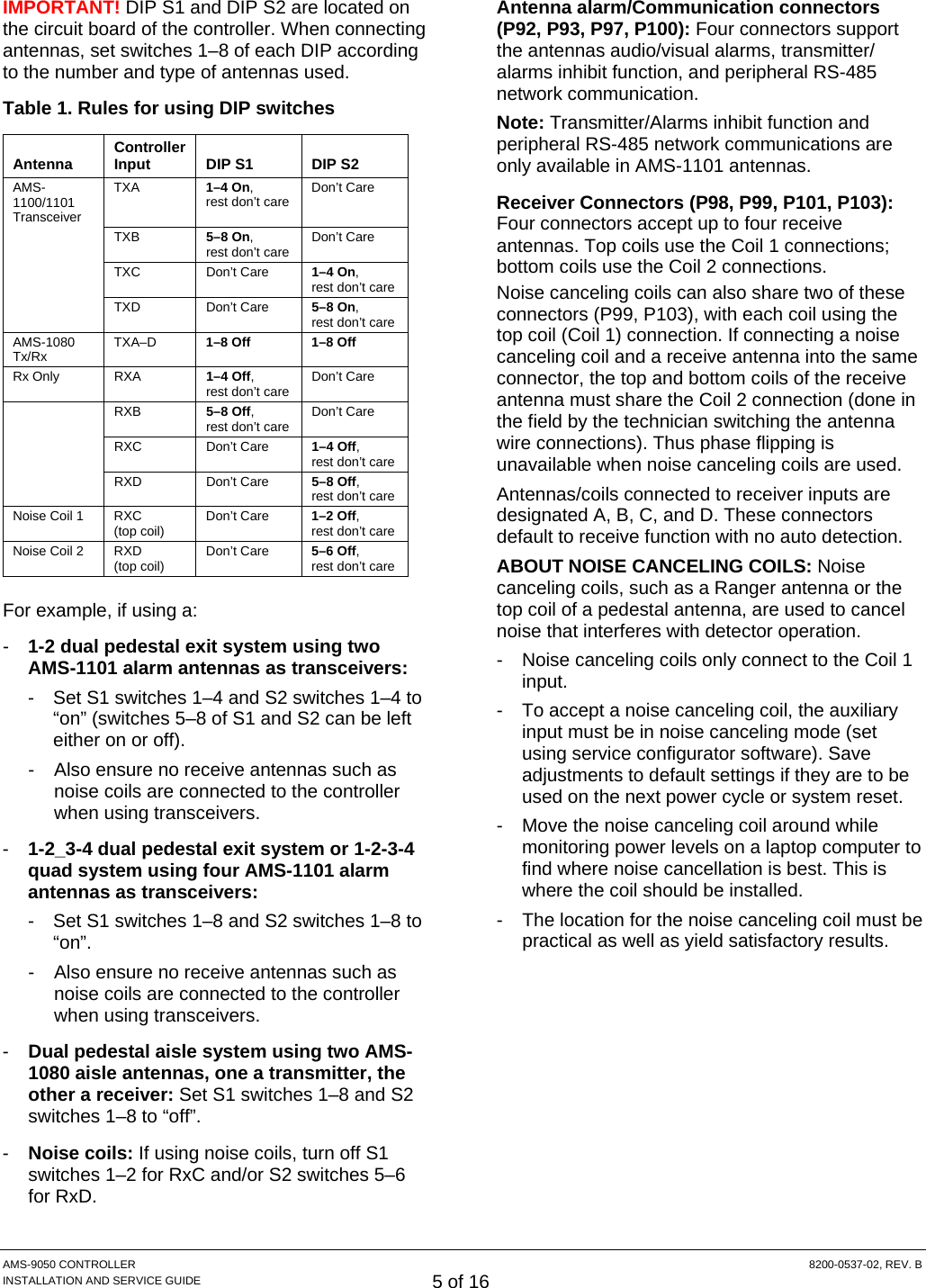  AMS-9050 CONTROLLER  8200-0537-02, REV. B INSTALLATION AND SERVICE GUIDE 5 of 16 IMPORTANT! DIP S1 and DIP S2 are located on the circuit board of the controller. When connecting antennas, set switches 1–8 of each DIP according to the number and type of antennas used. Table 1. Rules for using DIP switches  Antenna  Controller Input   DIP S1   DIP S2 AMS-1100/1101 Transceiver TXA  1–4 On,  rest don’t care  Don’t Care  TXB 5–8 On,  rest don’t care  Don’t Care  TXC Don’t Care 1–4 On,  rest don’t care  TXD Don’t Care 5–8 On,  rest don’t care AMS-1080 Tx/Rx  TXA–D  1–8 Off  1–8 Off Rx Only  RXA  1–4 Off,  rest don’t care  Don’t Care  RXB 5–8 Off,  rest don’t care  Don’t Care  RXC Don’t Care 1–4 Off,  rest don’t care  RXD Don’t Care 5–8 Off,  rest don’t care Noise Coil 1  RXC (top coil)  Don’t Care  1–2 Off,  rest don’t care Noise Coil 2  RXD (top coil)  Don’t Care  5–6 Off,  rest don’t care For example, if using a: -  1-2 dual pedestal exit system using two AMS-1101 alarm antennas as transceivers:  -  Set S1 switches 1–4 and S2 switches 1–4 to “on” (switches 5–8 of S1 and S2 can be left either on or off). -  Also ensure no receive antennas such as noise coils are connected to the controller when using transceivers. -  1-2_3-4 dual pedestal exit system or 1-2-3-4 quad system using four AMS-1101 alarm antennas as transceivers:  -  Set S1 switches 1–8 and S2 switches 1–8 to “on”.  -  Also ensure no receive antennas such as noise coils are connected to the controller when using transceivers. -  Dual pedestal aisle system using two AMS-1080 aisle antennas, one a transmitter, the other a receiver: Set S1 switches 1–8 and S2 switches 1–8 to “off”. -  Noise coils: If using noise coils, turn off S1 switches 1–2 for RxC and/or S2 switches 5–6 for RxD. Antenna alarm/Communication connectors (P92, P93, P97, P100): Four connectors support the antennas audio/visual alarms, transmitter/ alarms inhibit function, and peripheral RS-485 network communication. Note: Transmitter/Alarms inhibit function and peripheral RS-485 network communications are only available in AMS-1101 antennas. Receiver Connectors (P98, P99, P101, P103): Four connectors accept up to four receive antennas. Top coils use the Coil 1 connections; bottom coils use the Coil 2 connections. Noise canceling coils can also share two of these connectors (P99, P103), with each coil using the top coil (Coil 1) connection. If connecting a noise canceling coil and a receive antenna into the same connector, the top and bottom coils of the receive antenna must share the Coil 2 connection (done in the field by the technician switching the antenna wire connections). Thus phase flipping is unavailable when noise canceling coils are used. Antennas/coils connected to receiver inputs are designated A, B, C, and D. These connectors default to receive function with no auto detection. ABOUT NOISE CANCELING COILS: Noise canceling coils, such as a Ranger antenna or the top coil of a pedestal antenna, are used to cancel noise that interferes with detector operation. -  Noise canceling coils only connect to the Coil 1 input. -  To accept a noise canceling coil, the auxiliary input must be in noise canceling mode (set using service configurator software). Save adjustments to default settings if they are to be used on the next power cycle or system reset. -  Move the noise canceling coil around while monitoring power levels on a laptop computer to find where noise cancellation is best. This is where the coil should be installed. -  The location for the noise canceling coil must be practical as well as yield satisfactory results. 