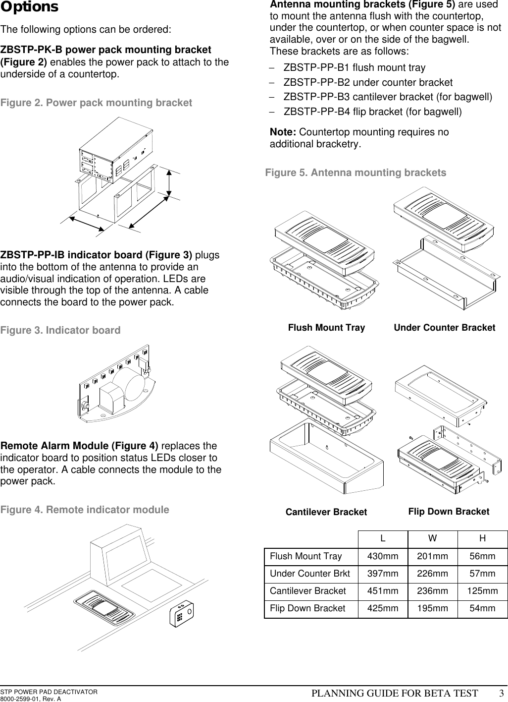 STP POWER PAD DEACTIVATOR8000-2599-01, Rev. A PLANNING GUIDE FOR BETA TEST 3OptionsThe following options can be ordered:ZBSTP-PK-B power pack mounting bracket(Figure 2) enables the power pack to attach to theunderside of a countertop.Figure 2. Power pack mounting bracketZBSTP-PP-IB indicator board (Figure 3) plugsinto the bottom of the antenna to provide anaudio/visual indication of operation. LEDs arevisible through the top of the antenna. A cableconnects the board to the power pack.Figure 3. Indicator boardRemote Alarm Module (Figure 4) replaces theindicator board to position status LEDs closer tothe operator. A cable connects the module to thepower pack.Figure 4. Remote indicator moduleAntenna mounting brackets (Figure 5) are usedto mount the antenna flush with the countertop,under the countertop, or when counter space is notavailable, over or on the side of the bagwell.These brackets are as follows:− ZBSTP-PP-B1 flush mount tray− ZBSTP-PP-B2 under counter bracket− ZBSTP-PP-B3 cantilever bracket (for bagwell)− ZBSTP-PP-B4 flip bracket (for bagwell)Note: Countertop mounting requires noadditional bracketry.Figure 5. Antenna mounting brackets        LWHFlush Mount Tray 430mm 201mm 56mmUnder Counter Brkt 397mm 226mm 57mmCantilever Bracket 451mm 236mm 125mmFlip Down Bracket 425mm 195mm 54mmUnder Counter BracketFlush Mount TrayFlip Down BracketCantilever Bracket