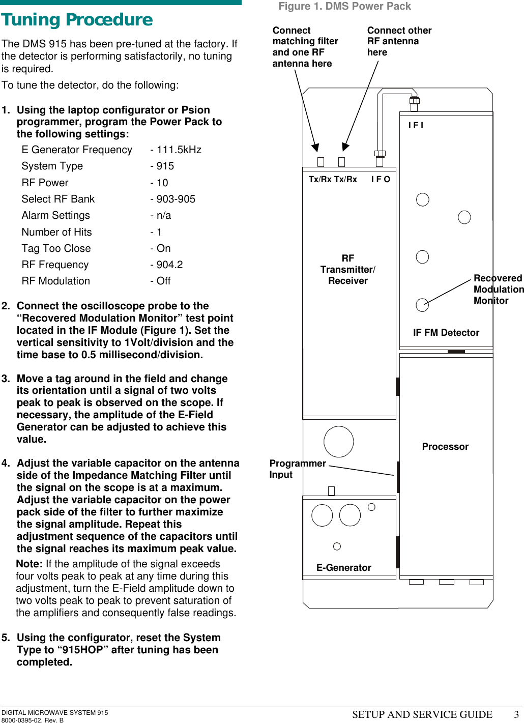 DIGITAL MICROWAVE SYSTEM 9158000-0395-02, Rev. B SETUP AND SERVICE GUIDE 3Tuning ProcedureThe DMS 915 has been pre-tuned at the factory. Ifthe detector is performing satisfactorily, no tuningis required.To tune the detector, do the following:1. Using the laptop configurator or Psionprogrammer, program the Power Pack tothe following settings:E Generator Frequency - 111.5kHzSystem Type - 915RF Power - 10Select RF Bank - 903-905Alarm Settings - n/aNumber of Hits - 1Tag Too Close - OnRF Frequency - 904.2RF Modulation - Off2. Connect the oscilloscope probe to the“Recovered Modulation Monitor” test pointlocated in the IF Module (Figure 1). Set thevertical sensitivity to 1Volt/division and thetime base to 0.5 millisecond/division.3. Move a tag around in the field and changeits orientation until a signal of two voltspeak to peak is observed on the scope. Ifnecessary, the amplitude of the E-FieldGenerator can be adjusted to achieve thisvalue.4. Adjust the variable capacitor on the antennaside of the Impedance Matching Filter untilthe signal on the scope is at a maximum.Adjust the variable capacitor on the powerpack side of the filter to further maximizethe signal amplitude. Repeat thisadjustment sequence of the capacitors untilthe signal reaches its maximum peak value.Note: If the amplitude of the signal exceedsfour volts peak to peak at any time during thisadjustment, turn the E-Field amplitude down totwo volts peak to peak to prevent saturation ofthe amplifiers and consequently false readings.5. Using the configurator, reset the SystemType to “915HOP” after tuning has beencompleted.Figure 1. DMS Power PackTx/Rx Tx/Rx      I F ORFTransmitter/ReceiverI F IIF FM DetectorProcessorE-GeneratorConnectmatching filterand one RFantenna hereConnect otherRF antennahereProgrammerInputRecoveredModulationMonitor