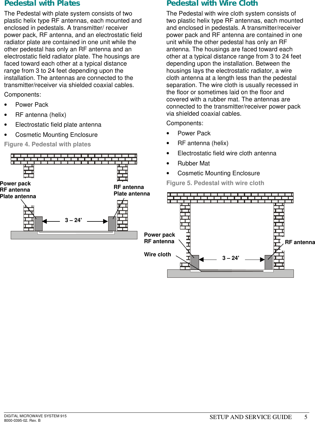 DIGITAL MICROWAVE SYSTEM 9158000-0395-02, Rev. B SETUP AND SERVICE GUIDE 5Pedestal with PlatesThe Pedestal with plate system consists of twoplastic helix type RF antennas, each mounted andenclosed in pedestals. A transmitter/ receiverpower pack, RF antenna, and an electrostatic fieldradiator plate are contained in one unit while theother pedestal has only an RF antenna and anelectrostatic field radiator plate. The housings arefaced toward each other at a typical distancerange from 3 to 24 feet depending upon theinstallation. The antennas are connected to thetransmitter/receiver via shielded coaxial cables.Components:• Power Pack• RF antenna (helix)• Electrostatic field plate antenna• Cosmetic Mounting EnclosureFigure 4. Pedestal with platesPedestal with Wire ClothThe Pedestal with wire cloth system consists oftwo plastic helix type RF antennas, each mountedand enclosed in pedestals. A transmitter/receiverpower pack and RF antenna are contained in oneunit while the other pedestal has only an RFantenna. The housings are faced toward eachother at a typical distance range from 3 to 24 feetdepending upon the installation. Between thehousings lays the electrostatic radiator, a wirecloth antenna at a length less than the pedestalseparation. The wire cloth is usually recessed inthe floor or sometimes laid on the floor andcovered with a rubber mat. The antennas areconnected to the transmitter/receiver power packvia shielded coaxial cables.Components:• Power Pack• RF antenna (helix)• Electrostatic field wire cloth antenna• Rubber Mat• Cosmetic Mounting EnclosureFigure 5. Pedestal with wire clothPower packRF antennaPlate antennaRF antennaPlate antenna3 – 24&apos;Power packRF antennaWire clothRF antenna3 – 24&apos;