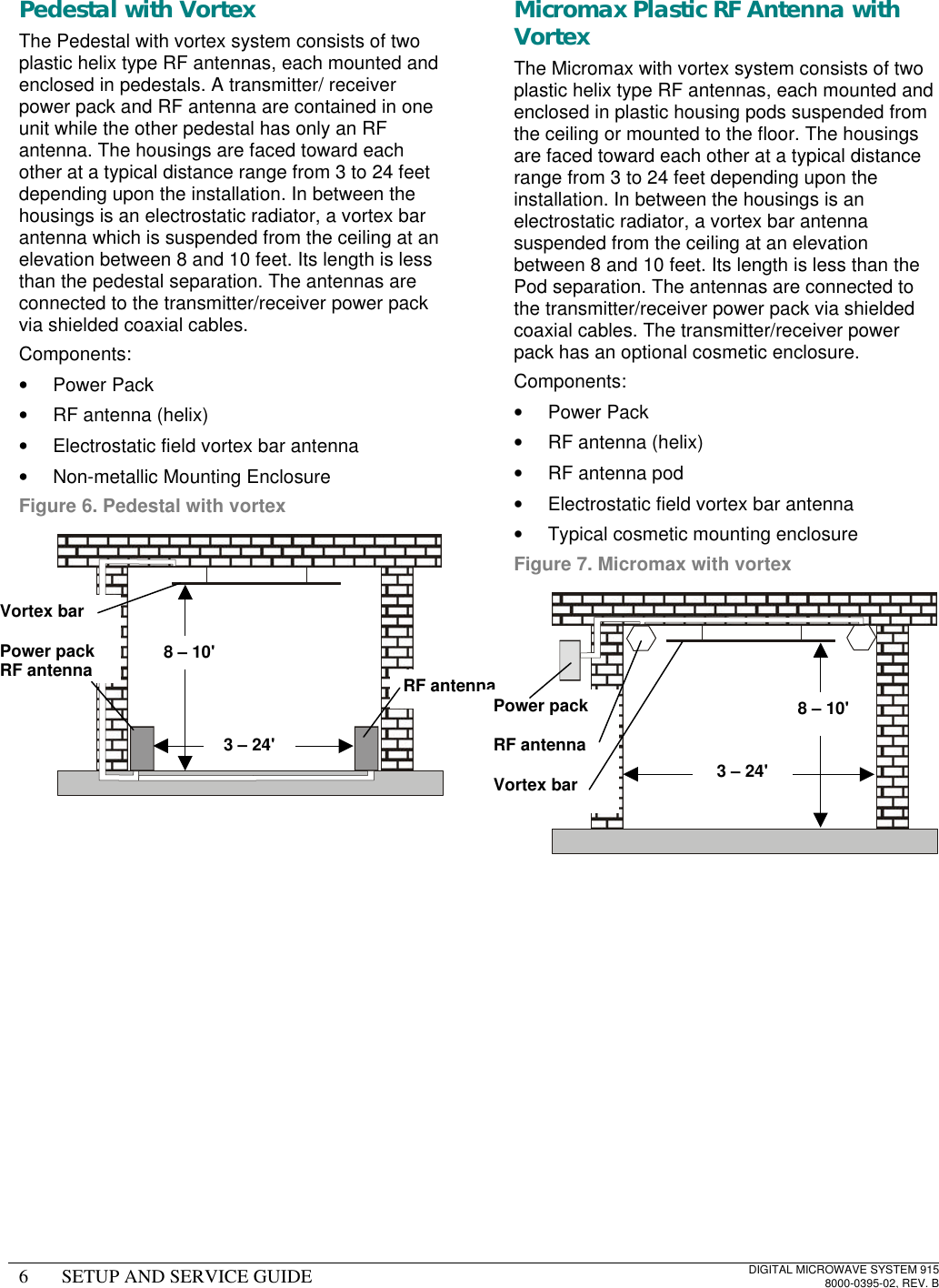 6SETUP AND SERVICE GUIDEDIGITAL MICROWAVE SYSTEM 9158000-0395-02, REV. BPedestal with VortexThe Pedestal with vortex system consists of twoplastic helix type RF antennas, each mounted andenclosed in pedestals. A transmitter/ receiverpower pack and RF antenna are contained in oneunit while the other pedestal has only an RFantenna. The housings are faced toward eachother at a typical distance range from 3 to 24 feetdepending upon the installation. In between thehousings is an electrostatic radiator, a vortex barantenna which is suspended from the ceiling at anelevation between 8 and 10 feet. Its length is lessthan the pedestal separation. The antennas areconnected to the transmitter/receiver power packvia shielded coaxial cables.Components:• Power Pack• RF antenna (helix)• Electrostatic field vortex bar antenna• Non-metallic Mounting EnclosureFigure 6. Pedestal with vortexMicromax Plastic RF Antenna withVortexThe Micromax with vortex system consists of twoplastic helix type RF antennas, each mounted andenclosed in plastic housing pods suspended fromthe ceiling or mounted to the floor. The housingsare faced toward each other at a typical distancerange from 3 to 24 feet depending upon theinstallation. In between the housings is anelectrostatic radiator, a vortex bar antennasuspended from the ceiling at an elevationbetween 8 and 10 feet. Its length is less than thePod separation. The antennas are connected tothe transmitter/receiver power pack via shieldedcoaxial cables. The transmitter/receiver powerpack has an optional cosmetic enclosure.Components:• Power Pack• RF antenna (helix)• RF antenna pod• Electrostatic field vortex bar antenna• Typical cosmetic mounting enclosureFigure 7. Micromax with vortexVortex barPower packRF antennaRF antenna3 – 24&apos;8 – 10&apos;Power packRF antennaVortex bar 3 – 24&apos;8 – 10&apos;