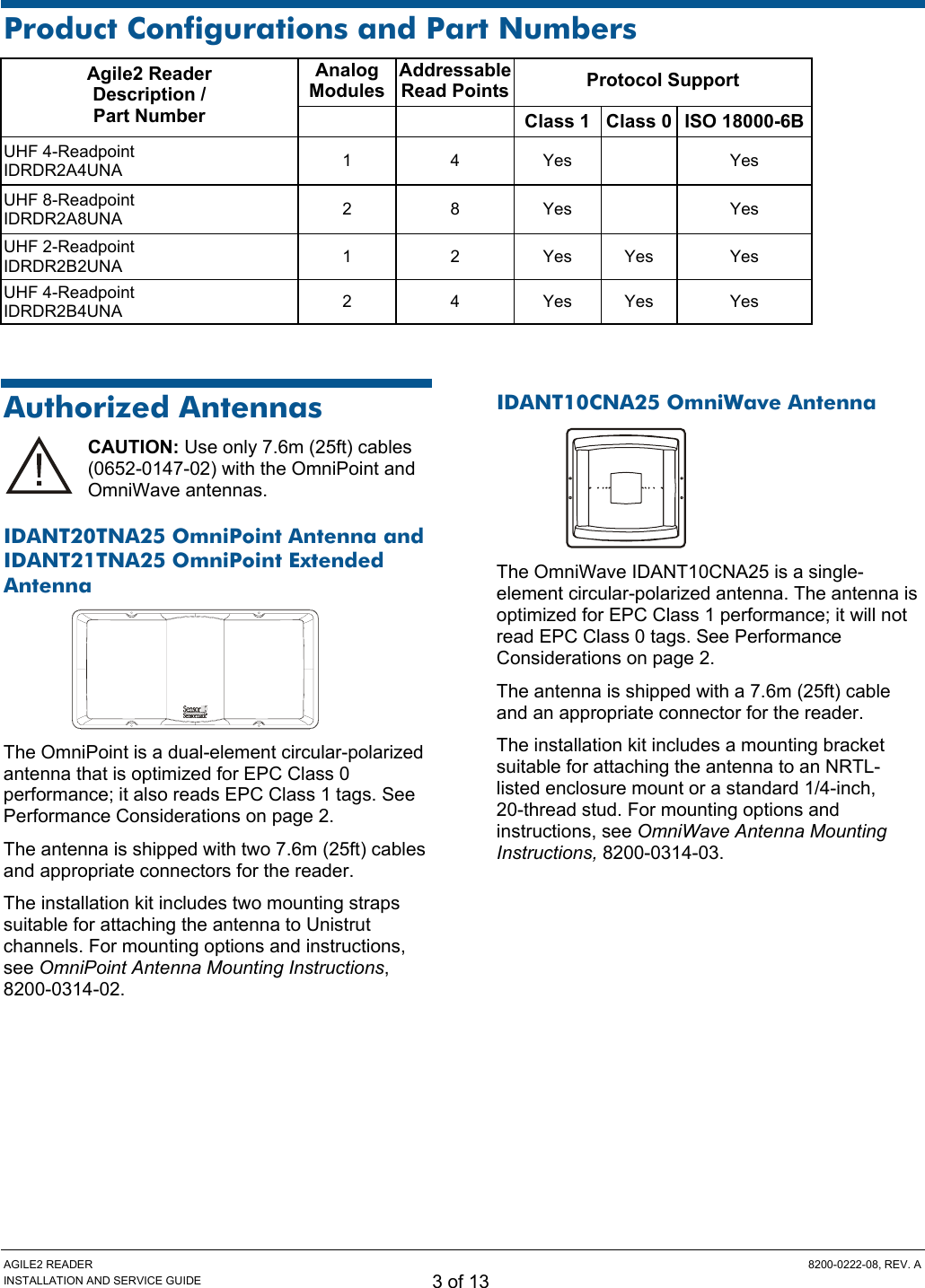 AGILE2 READER  8200-0222-08, REV. A INSTALLATION AND SERVICE GUIDE 3 of 13 Product Configurations and Part Numbers Analog Modules Addressable Read Points Protocol Support Agile2 Reader Description / Part Number    Class 1 Class 0 ISO 18000-6B UHF 4-Readpoint IDRDR2A4UNA   1 4 Yes  Yes UHF 8-Readpoint IDRDR2A8UNA   2 8 Yes  Yes UHF 2-Readpoint IDRDR2B2UNA   1 2 Yes Yes Yes UHF 4-Readpoint IDRDR2B4UNA   2 4 Yes Yes Yes   Authorized Antennas CAUTION: Use only 7.6m (25ft) cables (0652-0147-02) with the OmniPoint and OmniWave antennas. IDANT20TNA25 OmniPoint Antenna and IDANT21TNA25 OmniPoint Extended Antenna  The OmniPoint is a dual-element circular-polarized antenna that is optimized for EPC Class 0 performance; it also reads EPC Class 1 tags. See Performance Considerations on page 2. The antenna is shipped with two 7.6m (25ft) cables and appropriate connectors for the reader. The installation kit includes two mounting straps suitable for attaching the antenna to Unistrut channels. For mounting options and instructions, see OmniPoint Antenna Mounting Instructions, 8200-0314-02. IDANT10CNA25 OmniWave Antenna  The OmniWave IDANT10CNA25 is a single-element circular-polarized antenna. The antenna is optimized for EPC Class 1 performance; it will not read EPC Class 0 tags. See Performance Considerations on page 2. The antenna is shipped with a 7.6m (25ft) cable and an appropriate connector for the reader. The installation kit includes a mounting bracket suitable for attaching the antenna to an NRTL-listed enclosure mount or a standard 1/4-inch, 20-thread stud. For mounting options and instructions, see OmniWave Antenna Mounting Instructions, 8200-0314-03. 