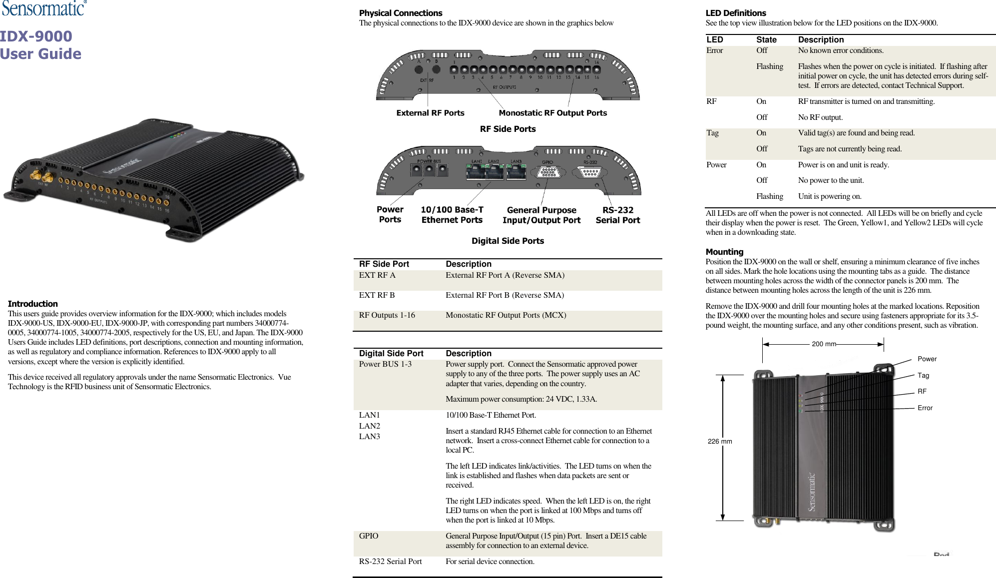   IDX-9000 User Guide           Introduction  This users guide provides overview information for the IDX-9000; which includes models IDX-9000-US, IDX-9000-EU, IDX-9000-JP, with corresponding part numbers 34000774-0005, 34000774-1005, 34000774-2005, respectively for the US, EU, and Japan. The IDX-9000 Users Guide includes LED definitions, port descriptions, connection and mounting information, as well as regulatory and compliance information. References to IDX-9000 apply to all versions, except where the version is explicitly identified.   This device received all regulatory approvals under the name Sensormatic Electronics.  Vue Technology is the RFID business unit of Sensormatic Electronics.  LED Definitions  See the top view illustration below for the LED positions on the IDX-9000. LED State Description Error Off Flashing No known error conditions. Flashes when the power on cycle is initiated.  If flashing after initial power on cycle, the unit has detected errors during self-test.  If errors are detected, contact Technical Support. RF On Off RF transmitter is turned on and transmitting. No RF output. Tag On Off Valid tag(s) are found and being read. Tags are not currently being read. Power On Off Flashing Power is on and unit is ready. No power to the unit. Unit is powering on. All LEDs are off when the power is not connected.  All LEDs will be on briefly and cycle their display when the power is reset.  The Green, Yellow1, and Yellow2 LEDs will cycle when in a downloading state.  Mounting  Position the IDX-9000 on the wall or shelf, ensuring a minimum clearance of five inches on all sides. Mark the hole locations using the mounting tabs as a guide.  The distance between mounting holes across the width of the connector panels is 200 mm.  The distance between mounting holes across the length of the unit is 226 mm.   Remove the IDX-9000 and drill four mounting holes at the marked locations. Reposition the IDX-9000 over the mounting holes and secure using fasteners appropriate for its 3.5-pound weight, the mounting surface, and any other conditions present, such as vibration. 226 mm 200 mm  PowerTagRFError Physical Connections  The physical connections to the IDX-9000 device are shown in the graphics below   RF Side Ports  Digital Side Ports  RF Side Port Description EXT RF A External RF Port A (Reverse SMA) EXT RF B External RF Port B (Reverse SMA) RF Outputs 1-16 Monostatic RF Output Ports (MCX)    Digital Side Port Description Power BUS 1-3 Power supply port.  Connect the Sensormatic approved power supply to any of the three ports.  The power supply uses an AC adapter that varies, depending on the country.   Maximum power consumption: 24 VDC, 1.33A. LAN1 LAN2 LAN3 10/100 Base-T Ethernet Port.   Insert a standard RJ45 Ethernet cable for connection to an Ethernet network.  Insert a cross-connect Ethernet cable for connection to a local PC. The left LED indicates link/activities.  The LED turns on when the link is established and flashes when data packets are sent or received. The right LED indicates speed.  When the left LED is on, the right LED turns on when the port is linked at 100 Mbps and turns off when the port is linked at 10 Mbps. GPIO General Purpose Input/Output (15 pin) Port.  Insert a DE15 cable assembly for connection to an external device. RS-232 Serial Port For serial device connection.   