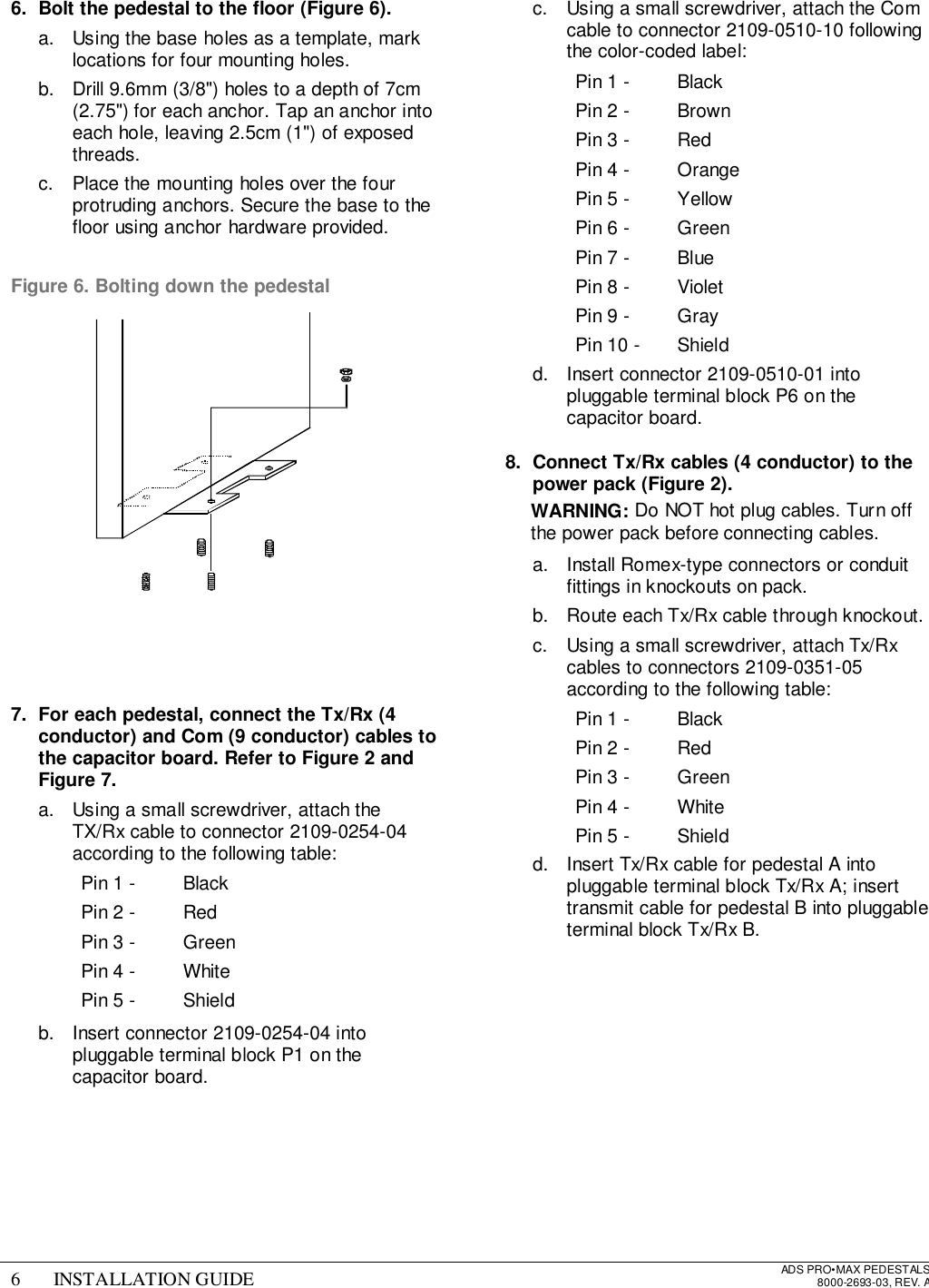 6 INSTALLATION GUIDE ADS PRO•MAX PEDESTALS8000-2693-03, REV. A6.  Bolt the pedestal to the floor (Figure 6).a.  Using the base holes as a template, marklocations for four mounting holes.b.  Drill 9.6mm (3/8&quot;) holes to a depth of 7cm(2.75&quot;) for each anchor. Tap an anchor intoeach hole, leaving 2.5cm (1&quot;) of exposedthreads.c.  Place the mounting holes over the fourprotruding anchors. Secure the base to thefloor using anchor hardware provided.Figure 6. Bolting down the pedestal7.  For each pedestal, connect the Tx/Rx (4conductor) and Com (9 conductor) cables tothe capacitor board. Refer to Figure 2 andFigure 7.a.  Using a small screwdriver, attach theTX/Rx cable to connector 2109-0254-04according to the following table:Pin 1 - BlackPin 2 - RedPin 3 - GreenPin 4 - WhitePin 5 - Shieldb.  Insert connector 2109-0254-04 intopluggable terminal block P1 on thecapacitor board.c.  Using a small screwdriver, attach the Comcable to connector 2109-0510-10 followingthe color-coded label:Pin 1 - BlackPin 2 - BrownPin 3 - RedPin 4 - OrangePin 5 - YellowPin 6 - GreenPin 7 - BluePin 8 - VioletPin 9 - GrayPin 10 - Shieldd.  Insert connector 2109-0510-01 intopluggable terminal block P6 on thecapacitor board.8.  Connect Tx/Rx cables (4 conductor) to thepower pack (Figure 2). WARNING: Do NOT hot plug cables. Turn offthe power pack before connecting cables.a.  Install Romex-type connectors or conduitfittings in knockouts on pack.b.  Route each Tx/Rx cable through knockout.c.  Using a small screwdriver, attach Tx/Rxcables to connectors 2109-0351-05according to the following table:Pin 1 - BlackPin 2 - RedPin 3 - GreenPin 4 - WhitePin 5 - Shieldd.  Insert Tx/Rx cable for pedestal A intopluggable terminal block Tx/Rx A; inserttransmit cable for pedestal B into pluggableterminal block Tx/Rx B.