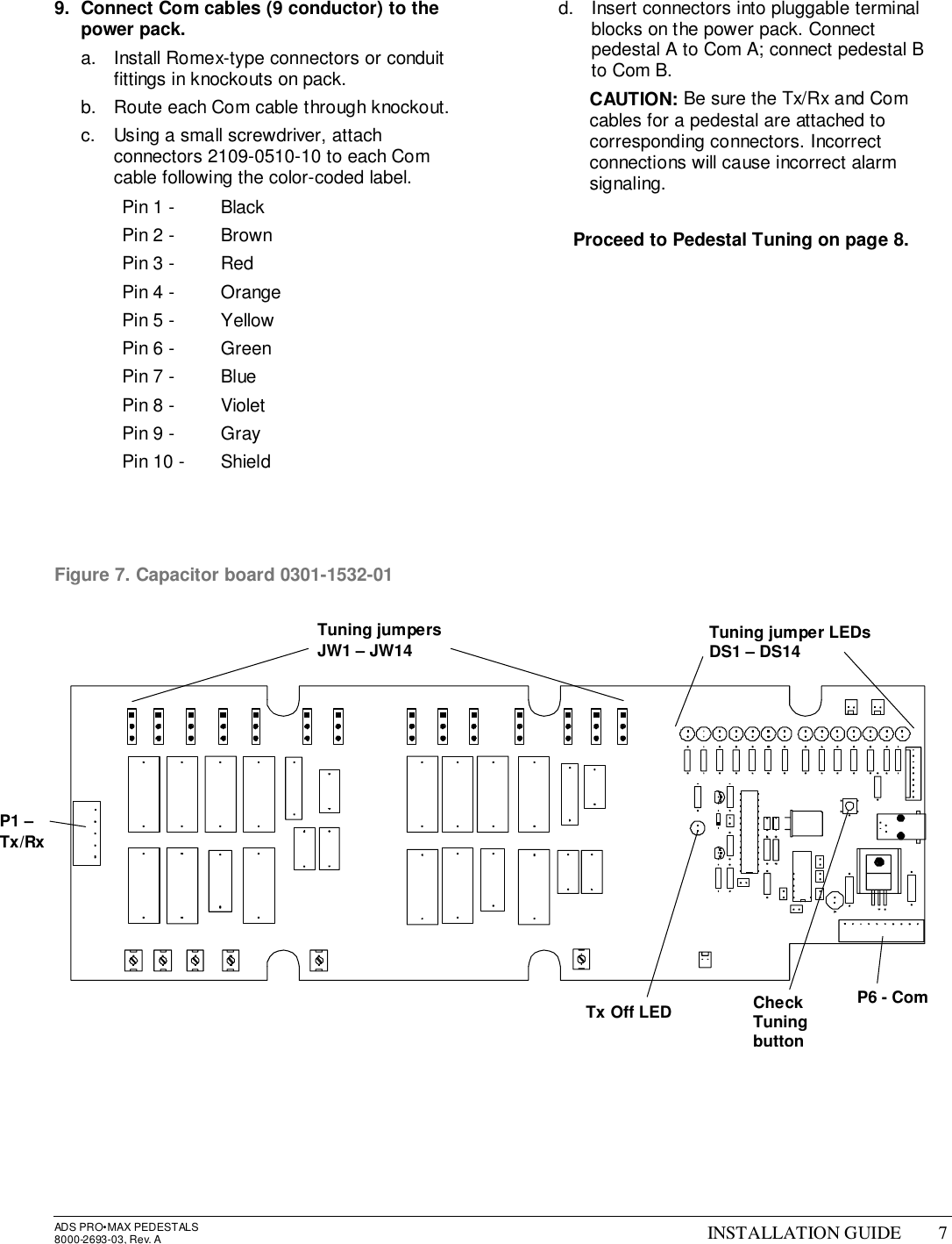 ADS PRO•MAX PEDESTALS8000-2693-03, Rev. A INSTALLATION GUIDE 79.  Connect Com cables (9 conductor) to thepower pack.a.  Install Romex-type connectors or conduitfittings in knockouts on pack.b.  Route each Com cable through knockout.c.  Using a small screwdriver, attachconnectors 2109-0510-10 to each Comcable following the color-coded label.Pin 1 - BlackPin 2 - BrownPin 3 - RedPin 4 - OrangePin 5 - YellowPin 6 - GreenPin 7 - BluePin 8 - VioletPin 9 - GrayPin 10 - Shieldd.  Insert connectors into pluggable terminalblocks on the power pack. Connectpedestal A to Com A; connect pedestal Bto Com B. CAUTION: Be sure the Tx/Rx and Comcables for a pedestal are attached tocorresponding connectors. Incorrectconnections will cause incorrect alarmsignaling. Proceed to Pedestal Tuning on page 8.Figure 7. Capacitor board 0301-1532-01P1 –Tx/RxP6 - ComTx Off LED CheckTuningbuttonTuning jumpersJW1 – JW14 Tuning jumper LEDsDS1 – DS14