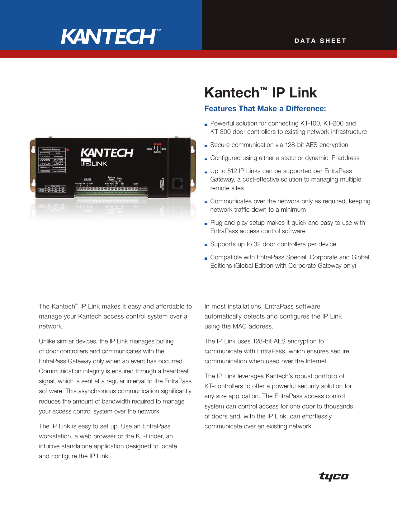 Page 1 of 2 - Tyco Tyco-Kantech-Kt-100-Users-Manual- Kantech™ IP Link Data Sheet  Tyco-kantech-kt-100-users-manual
