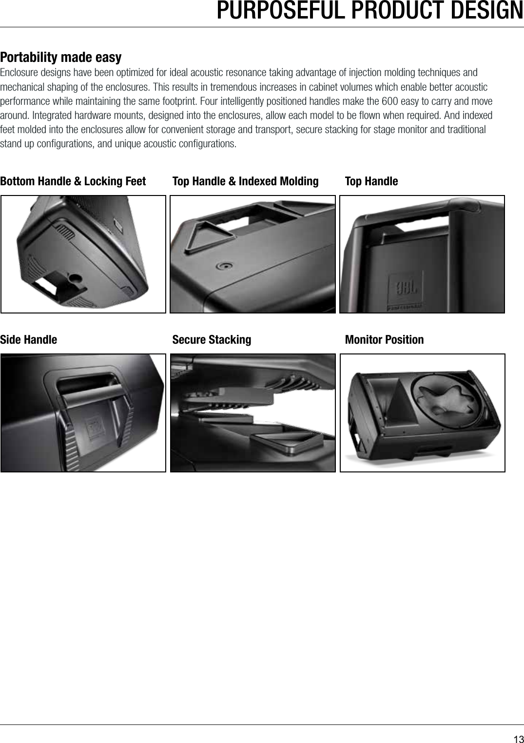 13Portability made easyEnclosure designs have been optimized for ideal acoustic resonance taking advantage of injection molding techniques and mechanical shaping of the enclosures. This results in tremendous increases in cabinet volumes which enable better acoustic performance while maintaining the same footprint. Four intelligently positioned handles make the 600 easy to carry and move around. Integrated hardware mounts, designed into the enclosures, allow each model to be ﬂown when required. And indexed feet molded into the enclosures allow for convenient storage and transport, secure stacking for stage monitor and traditional stand up conﬁgurations, and unique acoustic conﬁgurations.Bottom Handle &amp; Locking Feet Top Handle &amp; Indexed Molding Top HandleSide Handle Secure Stacking Monitor PositionPURPOSEFUL PRODUCT DESIGN