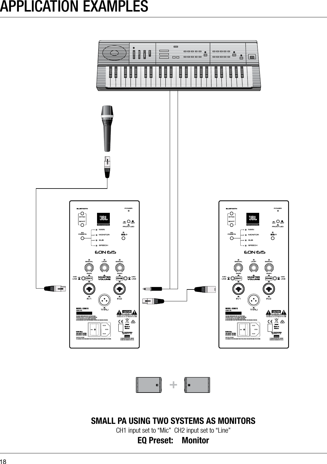 18APPLICATION EXAMPLESSMALL PA USING TWO SYSTEMS AS MONITORSCH1 input set to “Mic”  CH2 input set to “Line”EQ Preset:    Monitor  GAINLIMITSIGNAL SIGNALGAINMAININ 1MONITORSUBBLUETOOTHMASTERVOLUMEMICLINEIN 2THRUEQ +EQPRESETSBOOTSPEECHSYNCFRONT LEDPOWERON OFFMICLINECH1 CH2THIS DEVICE COMPLIES WITH PART 15 OF THE FCC RULES. OPERATION IS SUBJECT TO THE FOLLOWING TWO CONDITIONS: (1) THIS DEVICE MAY NOT CAUSE HARMFUL INTERFERENCE.(2) THIS DEVICE MUST ACCEPT ANY INTERFERENCE THAT MAY CAUSE UNDESIRED OPERATION.FUSE TYPE: T3.15L250VFOR CONTINUED PROTECTION AGAINST RISK OF FIRE, REPLACE FUSE ONLY WITH SAME TYPE OF RATING.430W Max100-120VAC  50/60Hz    230-240VAC  50/60HzMODEL: EON615SERIAL NO:JBL PROFESSIONALNORTHRIDGE, CA.  USAA HARMAN INTER NATIONAL COM PANYDESIGNED AND ENGINEERED IN THE USAMade inMexicoGAINLIMITSIGNAL SIGNALGAINMAININ 1MONITORSUBBLUETOOTHMASTERVOLUMEMICLINEIN 2THRUEQ +EQPRESETSBOOTSPEECHSYNCFRONT LEDPOWERON OFFMICLINECH1 CH2THIS DEVICE COMPLIES WITH PART 15 OF THE FCC RULES. OPERATION IS SUBJECT TO THE FOLLOWING TWO CONDITIONS: (1) THIS DEVICE MAY NOT CAUSE HARMFUL INTERFERENCE.(2) THIS DEVICE MUST ACCEPT ANY INTERFERENCE THAT MAY CAUSE UNDESIRED OPERATION.FUSE TYPE: T3.15L250VFOR CONTINUED PROTECTION AGAINST RISK OF FIRE, REPLACE FUSE ONLY WITH SAME TYPE OF RATING.430W Max100-120VAC  50/60Hz    230-240VAC  50/60HzMODEL: EON615SERIAL NO:JBL PROFESSIONALNORTHRIDGE, CA.  USAA HARMAN INTER NATIONAL COM PANYDESIGNED AND ENGINEERED IN THE USAMade inMexico