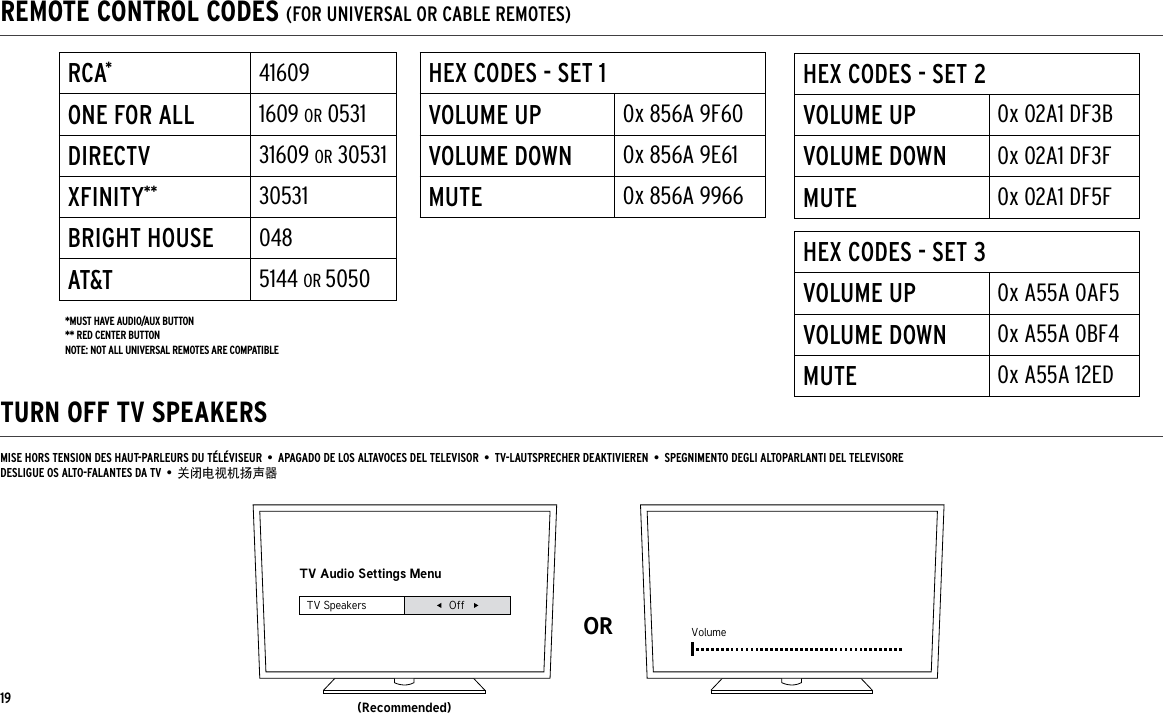 REMOTE CONTROL CODES (FOR UNIVERSAL OR CABLE REMOTES)TURN OFF TV SPEAKERSTV Audio Settings Menu(Recommended)OR VolumeTV Speakers OffMISE HORS TENSION DES HAUT-PARLEURS DU TÉLÉVISEUR  •  APAGADO DE LOS ALTAVOCES DEL TELEVISOR  •  TV-LAUTSPRECHER DEAKTIVIEREN  •  SPEGNIMENTO DEGLI ALTOPARLANTI DEL TELEVISOREDESLIGUE OS ALTO-FALANTES DA TV  •  关闭电视机扬声器RCA*41609ONE FOR ALL 1609 OR 0531DIRECTV 31609 OR 30531XFINITY** 30531BRIGHT HOUSE 048AT&amp;T 5144 OR 5050HEX CODES - SET 1VOLUME UP 0x 856A 9F60VOLUME DOWN 0x 856A 9E61MUTE 0x 856A 9966HEX CODES - SET 2VOLUME UP 0x 02A1 DF3BVOLUME DOWN 0x 02A1 DF3FMUTE 0x 02A1 DF5FHEX CODES - SET 3VOLUME UP 0x A55A 0AF5VOLUME DOWN 0x A55A 0BF4MUTE 0x A55A 12ED*MUST HAVE AUDIO/AUX BUTTON** RED CENTER BUTTONNOTE: NOT ALL UNIVERSAL REMOTES ARE COMPATIBLE19