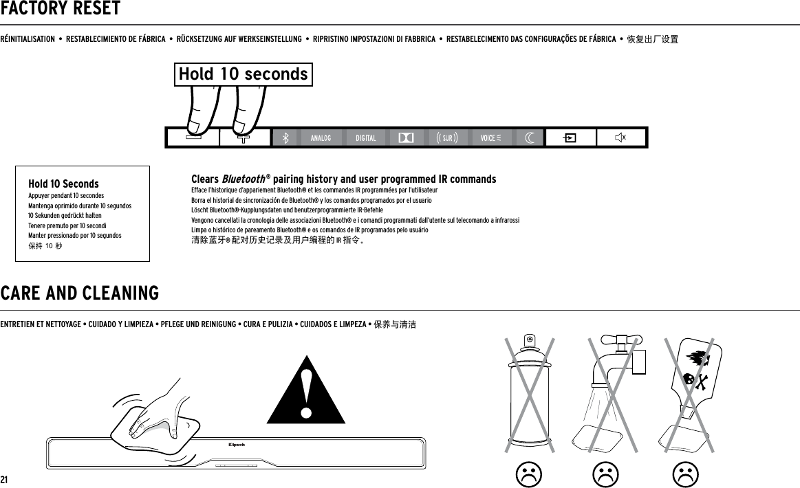 21CARE AND CLEANINGFACTORY RESET  ENTRETIEN ET NETTOYAGE • CUIDADO Y LIMPIEZA • PFLEGE UND REINIGUNG • CURA E PULIZIA • CUIDADOS E LIMPEZA • 保养与清洁RÉINITIALISATION  •  RESTABLECIMIENTO DE FÁBRICA  •  RÜCKSETZUNG AUF WERKSEINSTELLUNG  •  RIPRISTINO IMPOSTAZIONI DI FABBRICA  •  RESTABELECIMENTO DAS CONFIGURAÇÕES DE FÁBRICA  •  恢复出厂设置Hold 10 secondsHold 10 SecondsAppuyer pendant 10 secondesMantenga oprimido durante 10 segundos10 Sekunden gedrückt haltenTenere premuto per 10 secondiManter pressionado por 10 segundos保持 10 秒Clears Bluetooth ® pairing history and user programmed IR commandsEfface l’historique d’appariement Bluetooth® et les commandes IR programmées par l’utilisateurBorra el historial de sincronización de Bluetooth® y los comandos programados por el usuarioLöscht Bluetooth®-Kupplungsdaten und benutzerprogrammierte IR-BefehleVengono cancellati la cronologia delle associazioni Bluetooth® e i comandi programmati dall’utente sul telecomando a infrarossiLimpa o histórico de pareamento Bluetooth® e os comandos de IR programados pelo usuário清除蓝牙® 配对历史记录及用户编程的 IR 指令。