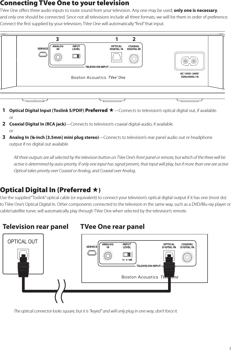 5Connecting TVee One to your televisionTVee One oﬀers three audio inputs to route sound from your television. Any one may be used; only one is necessary,  and only one should be connected. Since not all televisions include all three formats, we will list them in order of preference.  Connect the ﬁrst supplied by your television; TVee One will automatically “ﬁnd” that input.  1 Optical Digital Input (Toslink S/PDIF) Preferred ★—Connects to television’s optical digital out, if available. or  2 Coaxial Digital In (RCA jack)—Connects to television’s coaxial digital-audio, if available. or  3 Analog In (⁄-inch [3.5mm] mini plug stereo)—Connects to television’s rear panel audio out or headphone    output if no digital out available.All three outputs are all selected by the television button on TVee One’s front panel or remote, but which of the three will be active is determined by auto-priority. If only one input has signal present, that input will play, but if more than one are active Optical takes priority over Coaxial or Analog, and Coaxial over Analog.Optical Digital In (Preferred ★)Use the supplied “Toslink” optical cable (or equivalent) to connect your television’s optical digital output if it has one (most do) to TVee One’s Optical Digital In. Other components connected to the television in the same way, such as a DVD/Blu-ray player or cable/satellite tuner, will automatically play through TVee One when selected by the television’s remote.The optical connector looks square, but it is “keyed” and will only plug in one way; don’t force it.123OPTICAL OUTTelevision rear panel TVee One rear panel