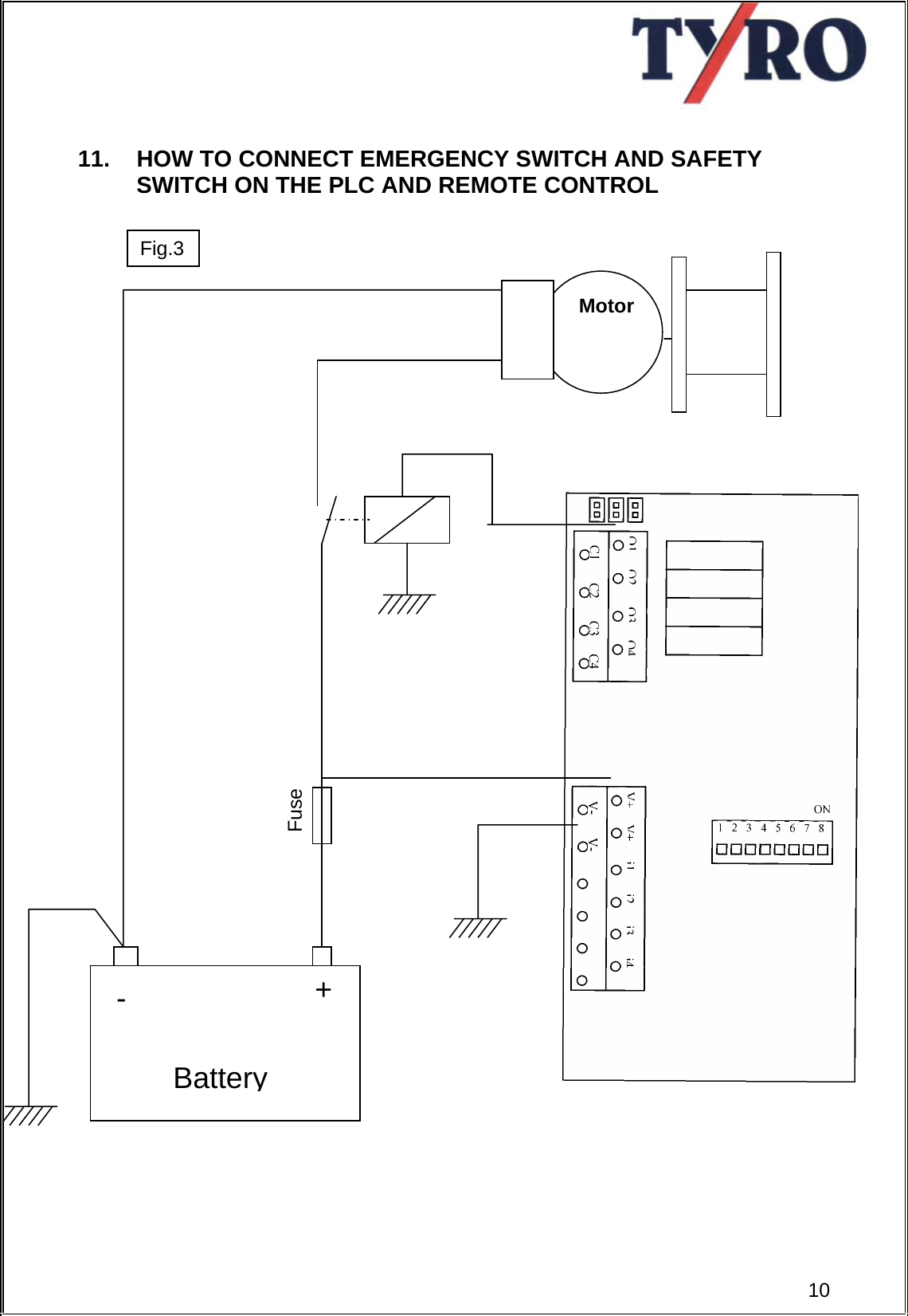      11.  HOW TO CONNECT EMERGENCY SWITCH AND SAFETY  SWITCH ON THE PLC AND REMOTE CONTROL                                                   Motor+ - Battery Fuse  10Fig.3 