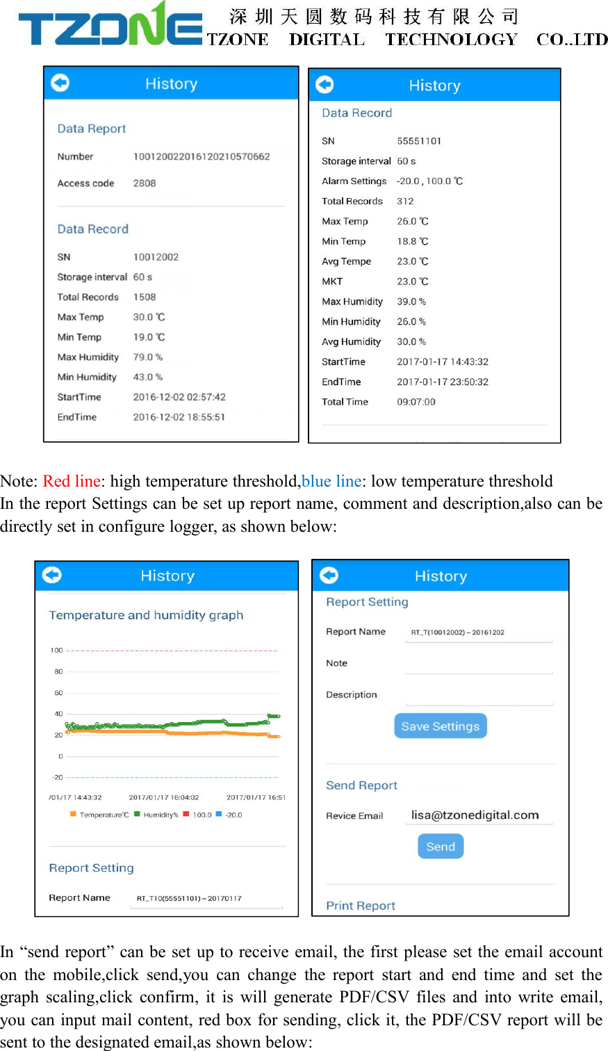 Note: Red line: high temperature threshold,blue line: low temperature thresholdIn the report Settings can be set up report name, comment and description,also can bedirectly set in configure logger, as shown below:In &ldquo;send report&rdquo; can be set up to receive email, the first please set the email accounton the mobile,click send,you can change the report start and end time and set thegraph scaling,click confirm, it is will generate PDF/CSV files and into write email,you can input mail content, red box for sending, click it, the PDF/CSV report will besent to the designated email,as shown below: